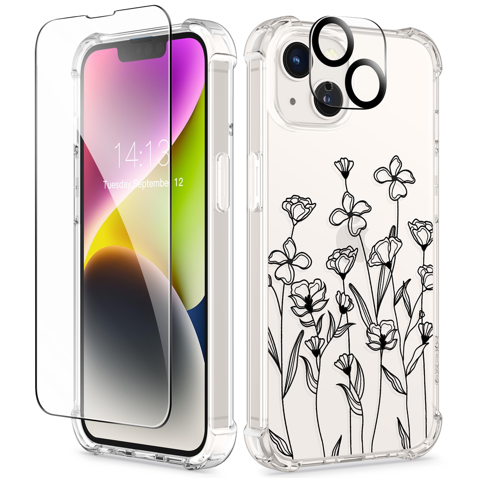 Gviewin For Iphone 14 Case Floral, With Screen Protector + Camera Lens Protector,[Non Yellowing] Soft Shockproof Clear Phone Pro