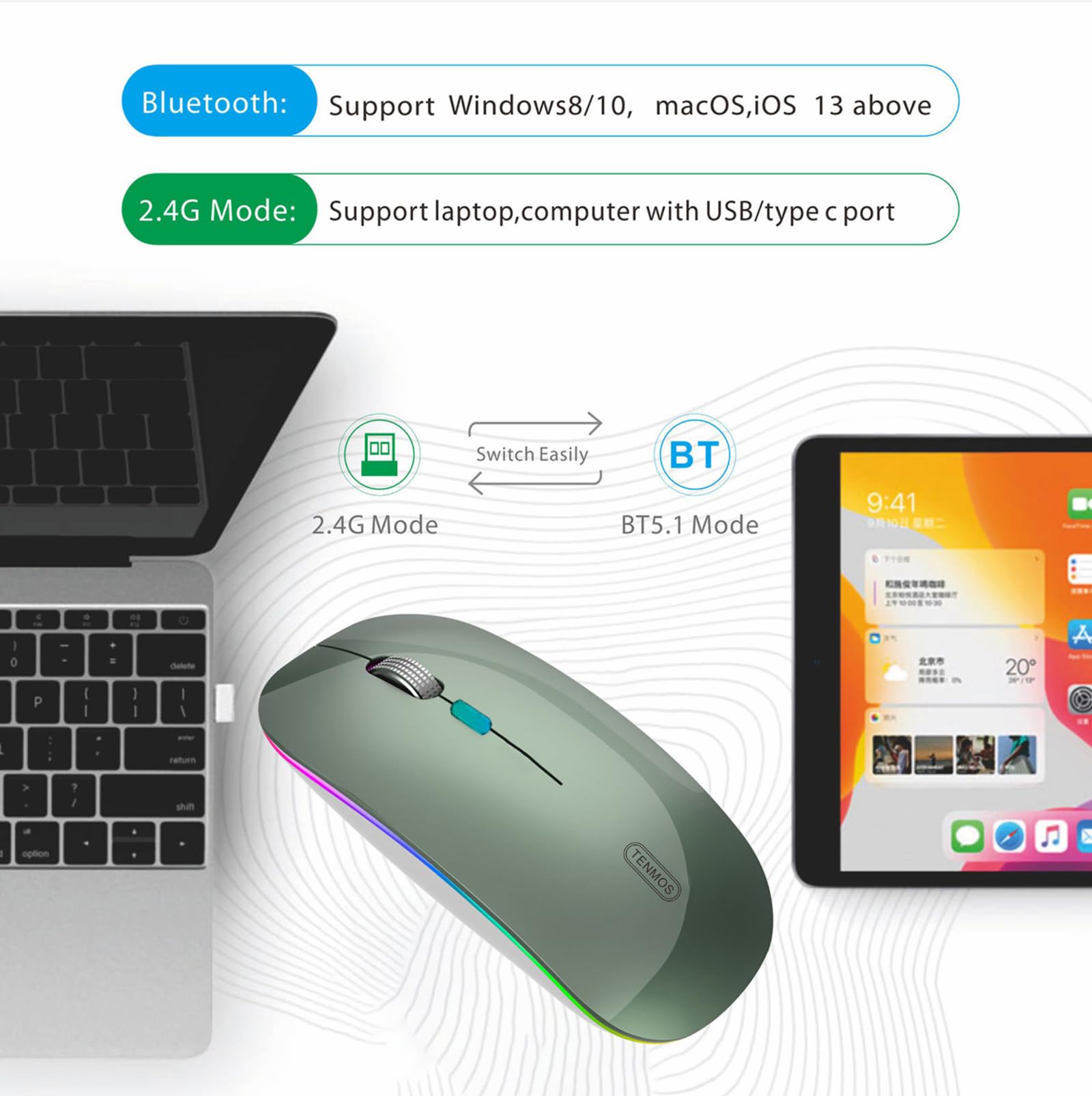 Tenmos Wireless Bluetooth Mouse, Led Slim (Bluetooth 5.1 + Usb) 2.4Ghz Rechargeable Silent Bluetooth Wireless Mouse For Laptop/Macbook/Ipad Os 13 And Above (Blackish Green)