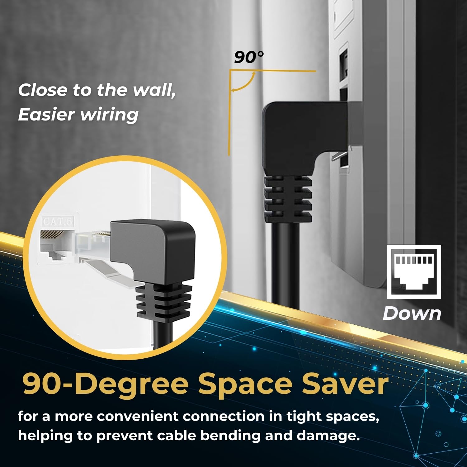 Tnp Cat6 Ethernet Cable (Right Angle Down, 6 Ft) - Rj45 90 Degree Network Connector 500 Mhz 10 Gigabit Gold Plated Patch Plug Wi