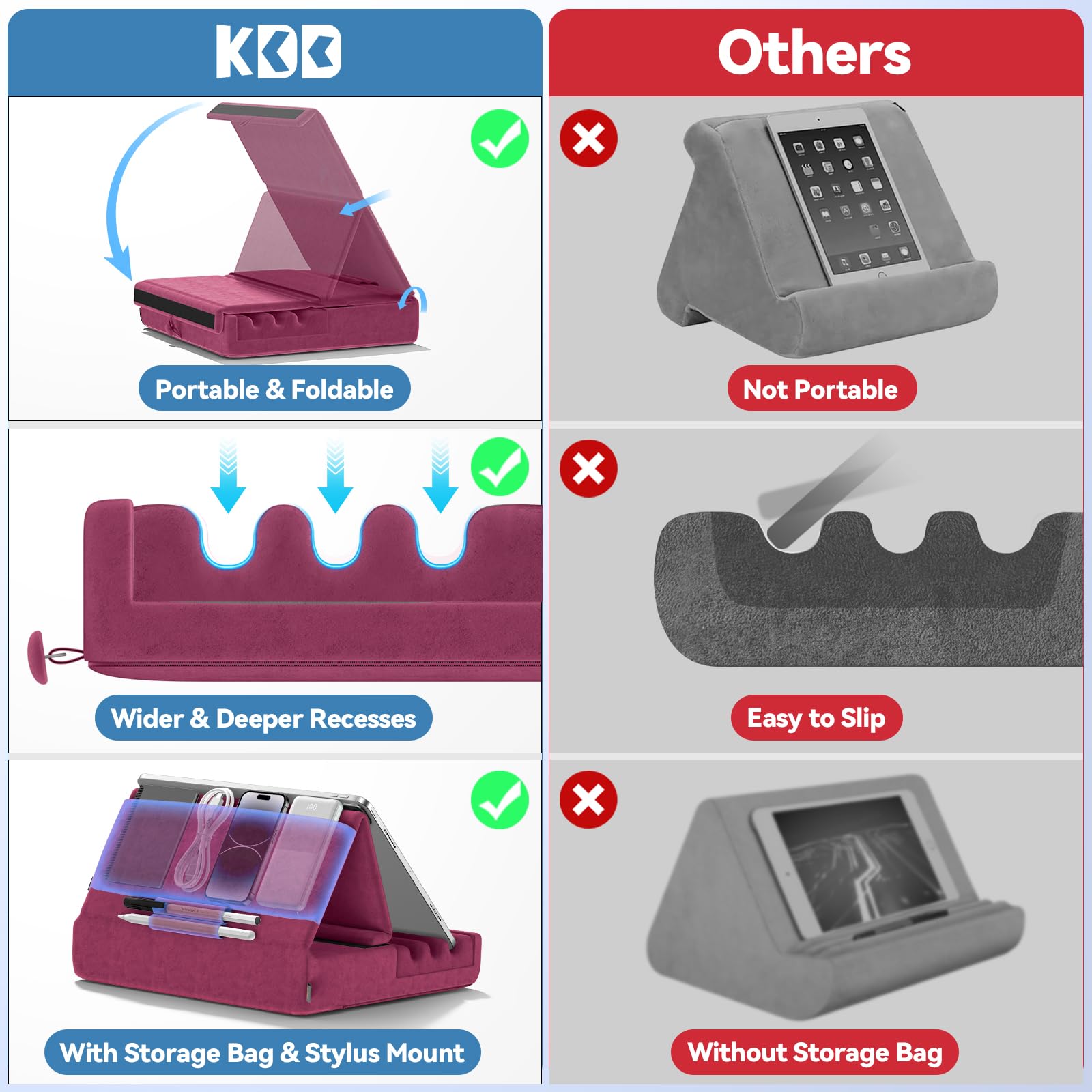 Kdd Tablet Pillow Holder, Foldable Ipad Stand For Lap, Bed And Desk  Tablet Soft Pad Dock With Pocket & Stylus Mount Compatible With Ipad Pro 12.9, 10.5, 9.7 Air Mini 6 5 4 3, Galaxy Tab, E Reader