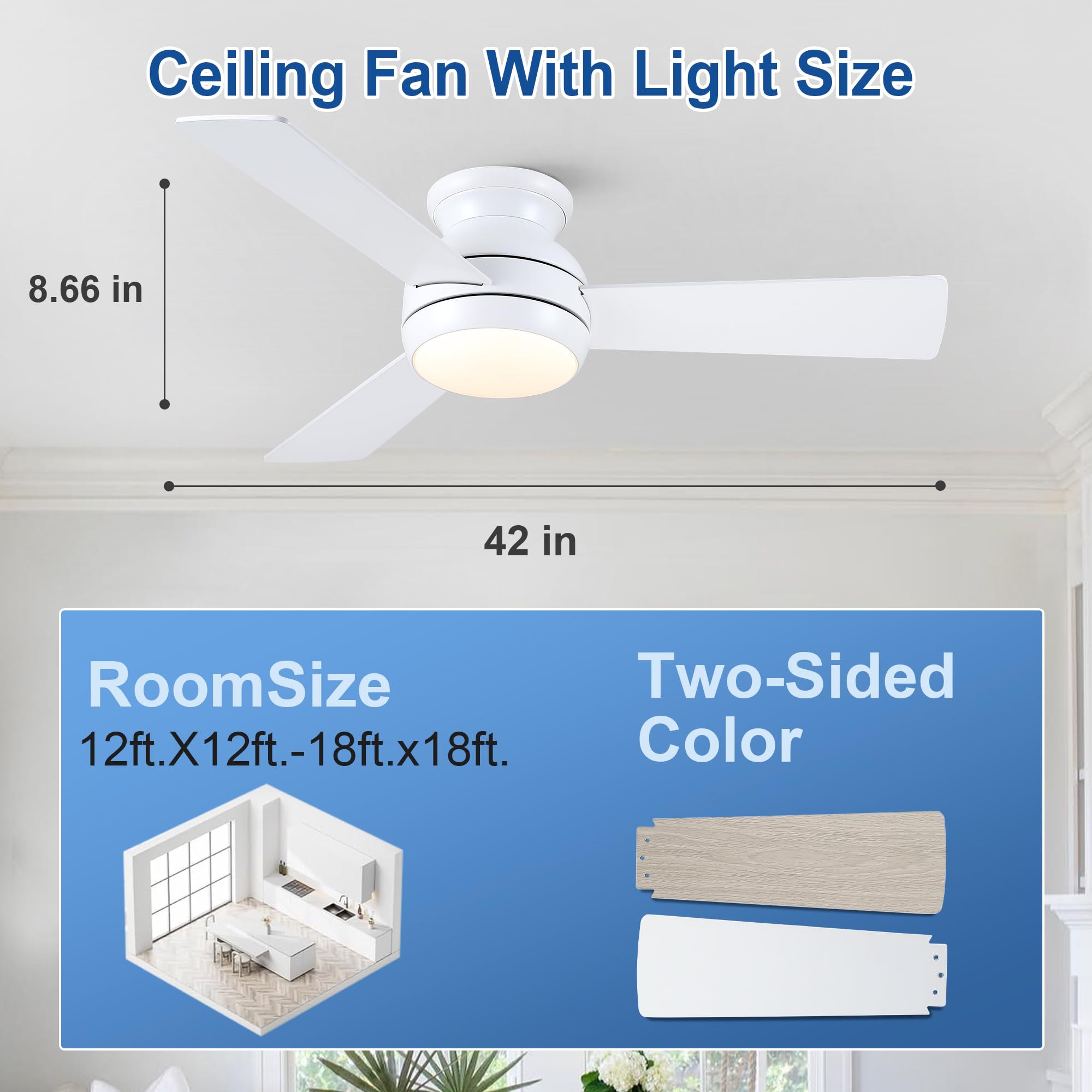 Putroad 42 Inch Ceiling Fans With Lights And Remote, White Low Profile Ceiling Fan With Light, Flush Mount, Reversible, 6 Speeds