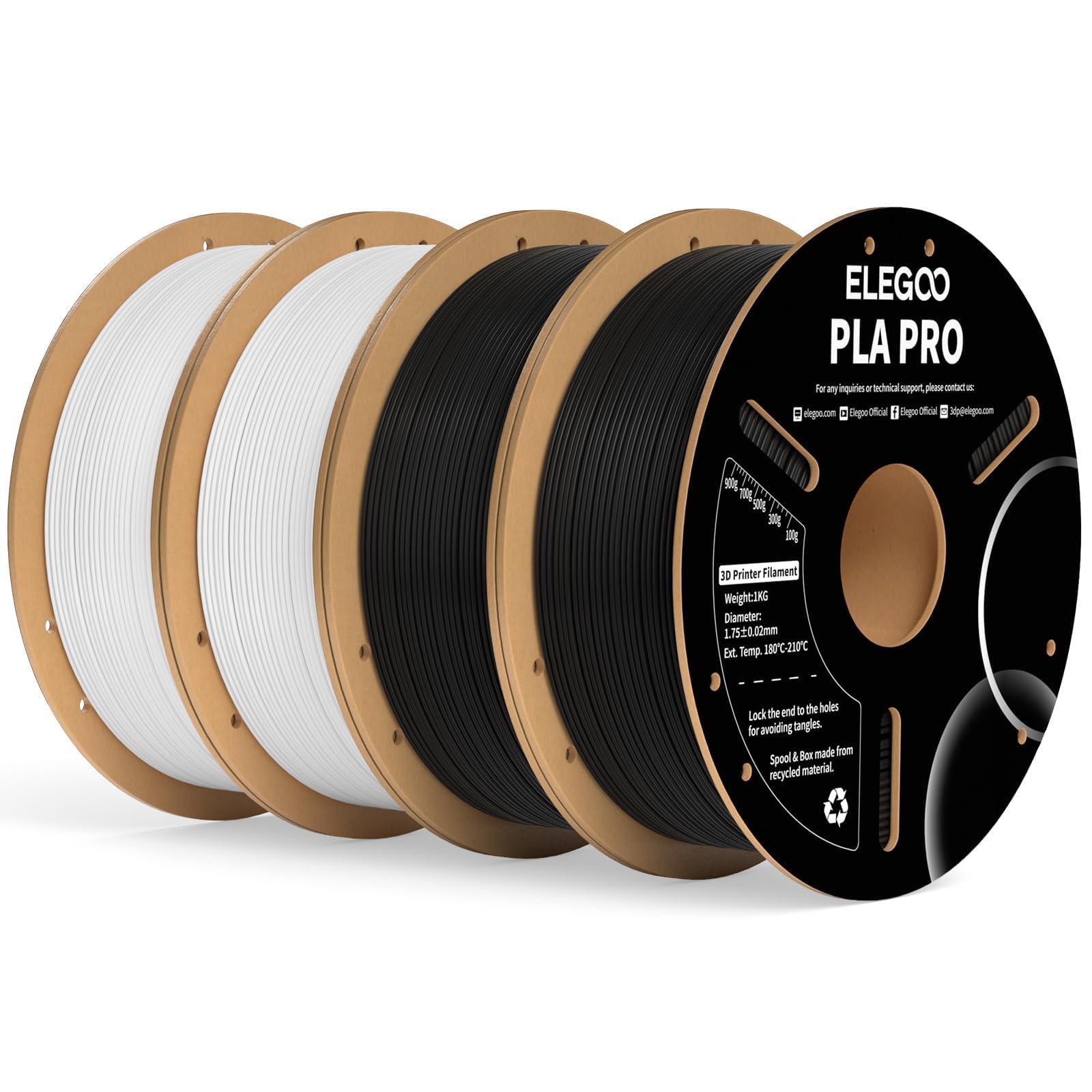 ELEGOO PLA PRO Filament 1.75mm Black & White 4KG, 30-250mm/s Printing Speed Improved Rigidity 3D Printer Filament Dimensional Ac