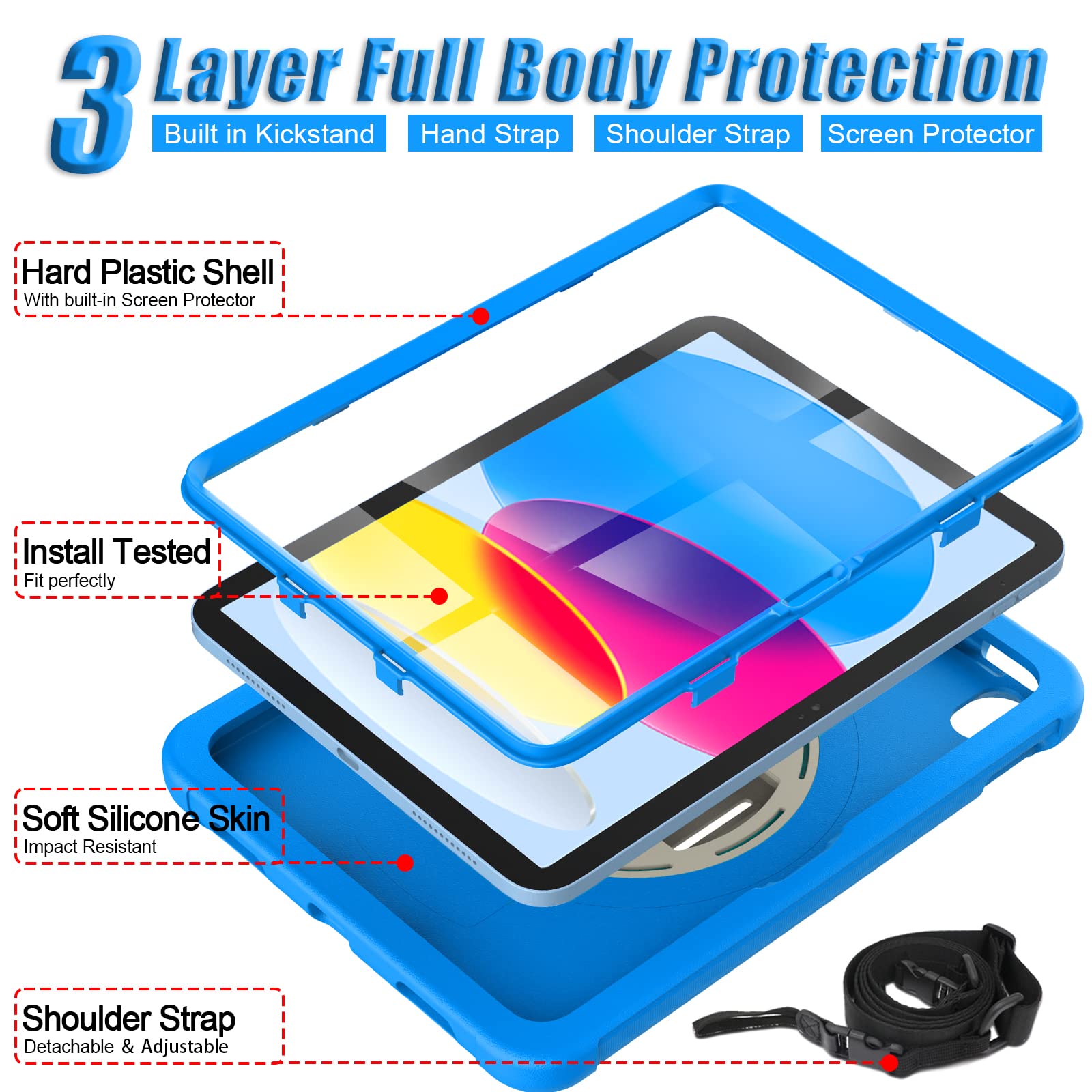 Bmouo Ipad 10Th Generation Case (10.9 Inch, 2022) With Screen Protector - Shockproof Rotatable Hand Strap Stand For Kids, Toddle