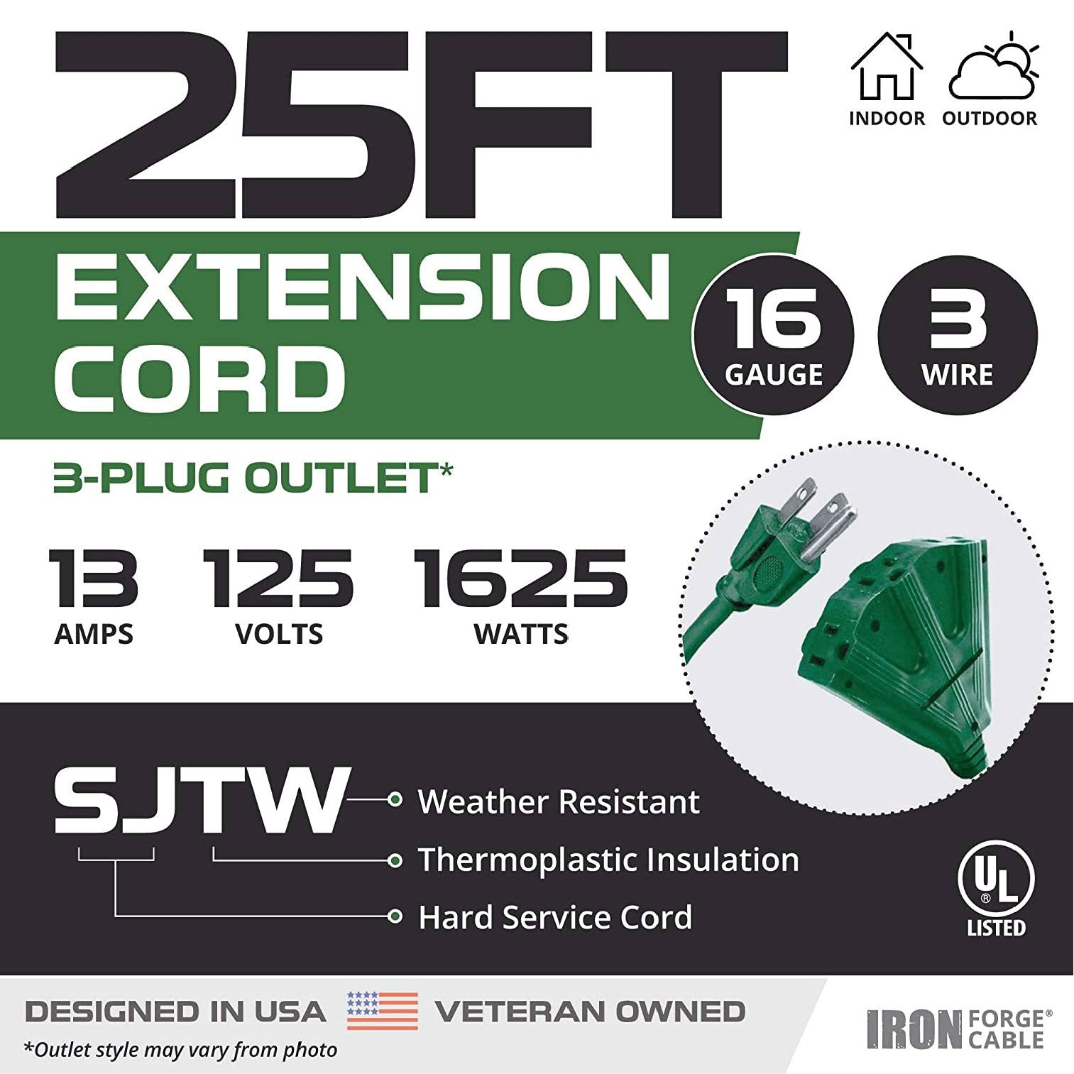 Iron Forge Cable 3 Outlet Outdoor Extension Cord 25 Ft, 2 Pack, 16/3 Heavy Duty Green Extension Cord With Multiple Outlets 3 Pro