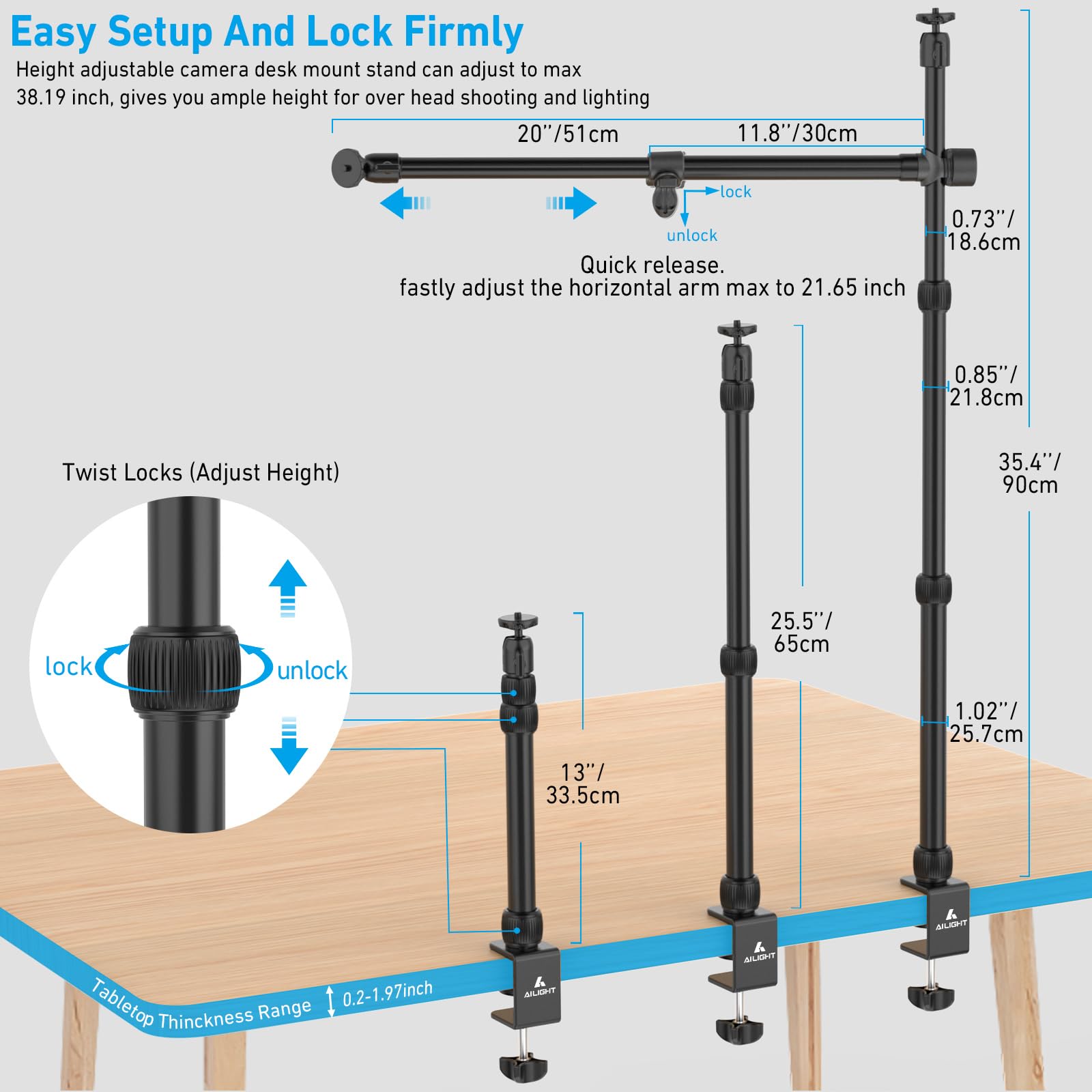 Overhead Camera Mount Table Stand With 2 Section Telescopic Arm, 13'' 33'' Adjustable Light Stand Mount With Table C Clamp/Swive