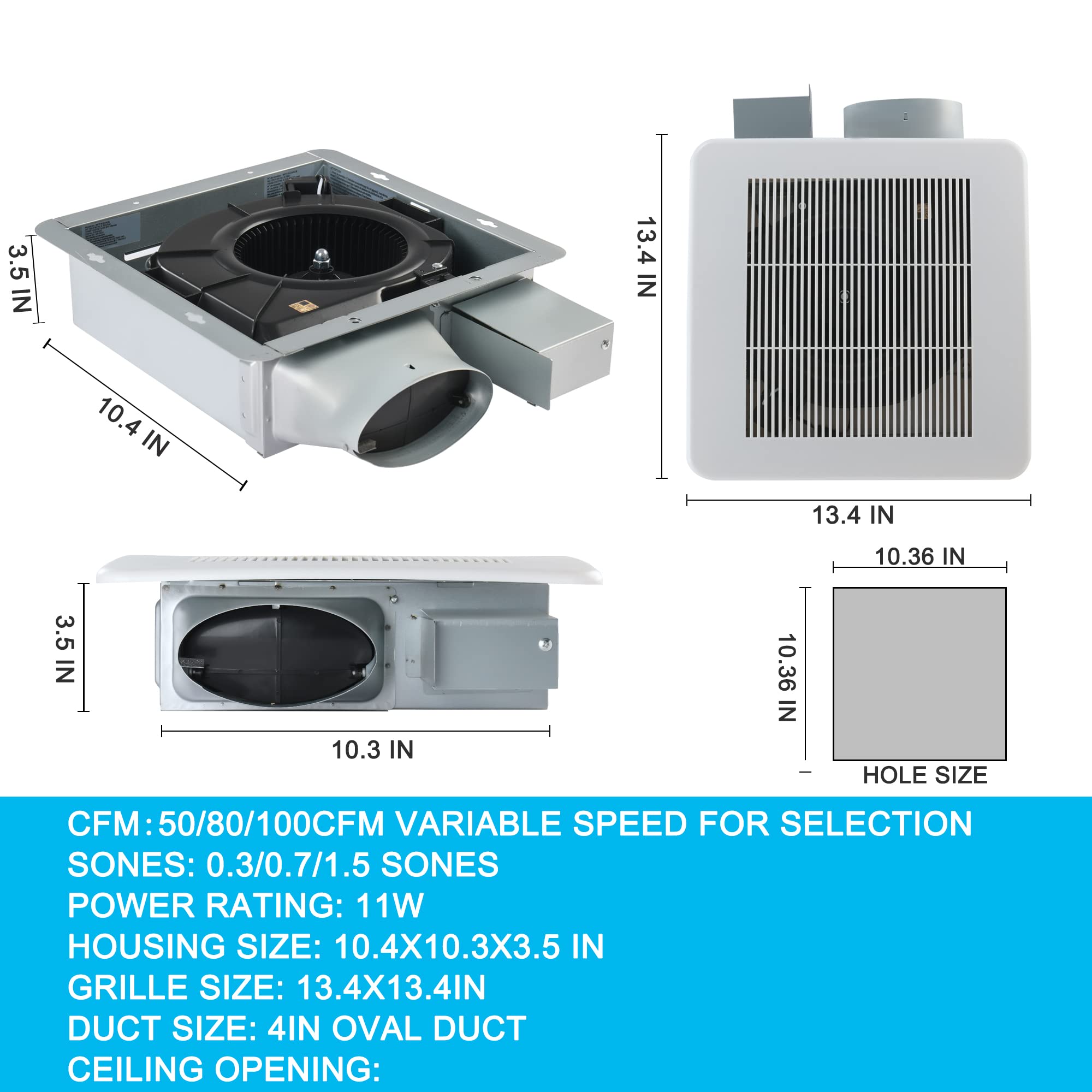 Tech Drive Bathroom Fan 50 80 100 Cfm Dc Energy Saving Motor,Very Quiet Ventilation And Exhaust Fan, Ceiling Or Wall Mounted Fan