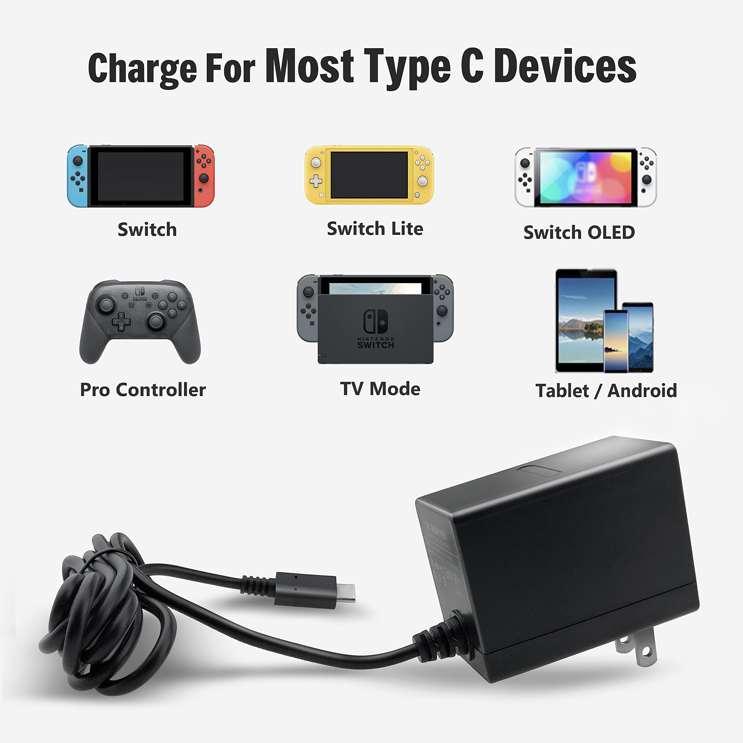 Charger For Nintendo Switch/Lite/Oled/Steam Deck,Support Tv Mode,Hac 002 Usb C Fast Charger Replacement For Steam Deck/Switch/Switch Lite/Switch Oled/Switch Dock Station 15V 2.6A Power Supply Adapter