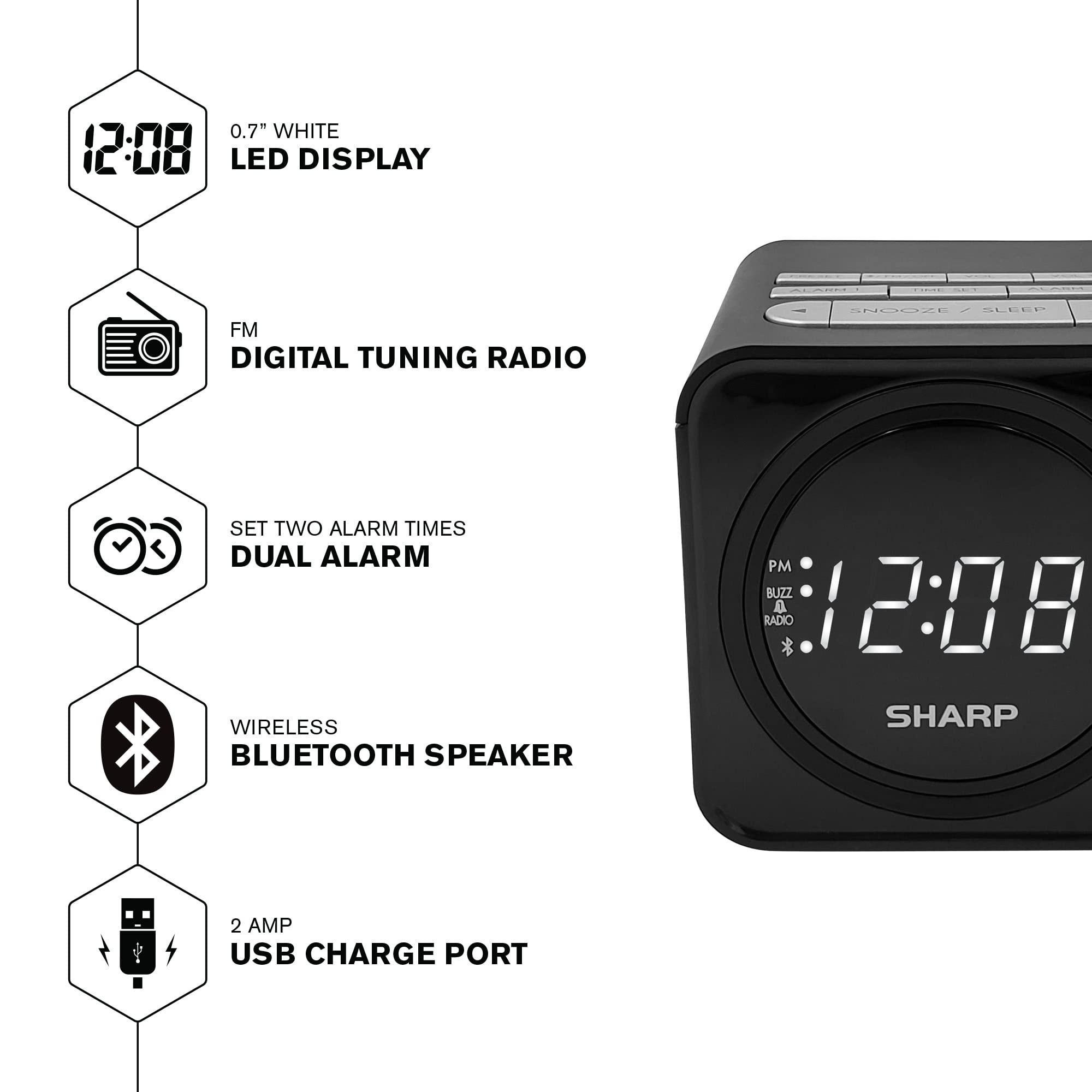 Sharp FM Clock Radio with Bluetooth Speaker, FastCharge 2 amp USB Charge Port, Wake to Alarm or Radio, Dual Alarms, Easy to Read LED White Display, Simple to Use, Easy to Read at a Glance