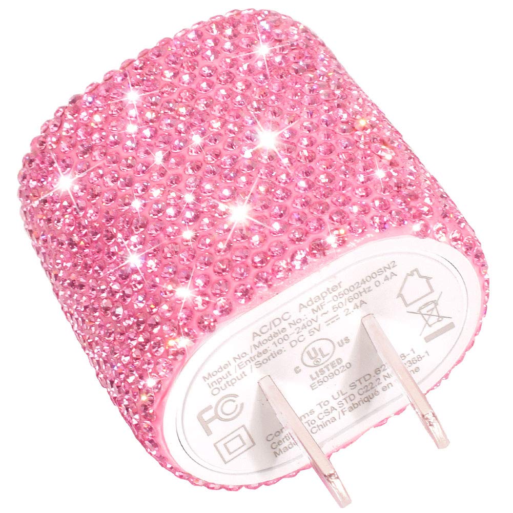 Usb Wall Charger Bling 5V/2.4A 24W Dual Port Fast Charger Plug Cell Phone Block Adapter Pink For Iphone Android Samsung Ipad Tablet Etc.