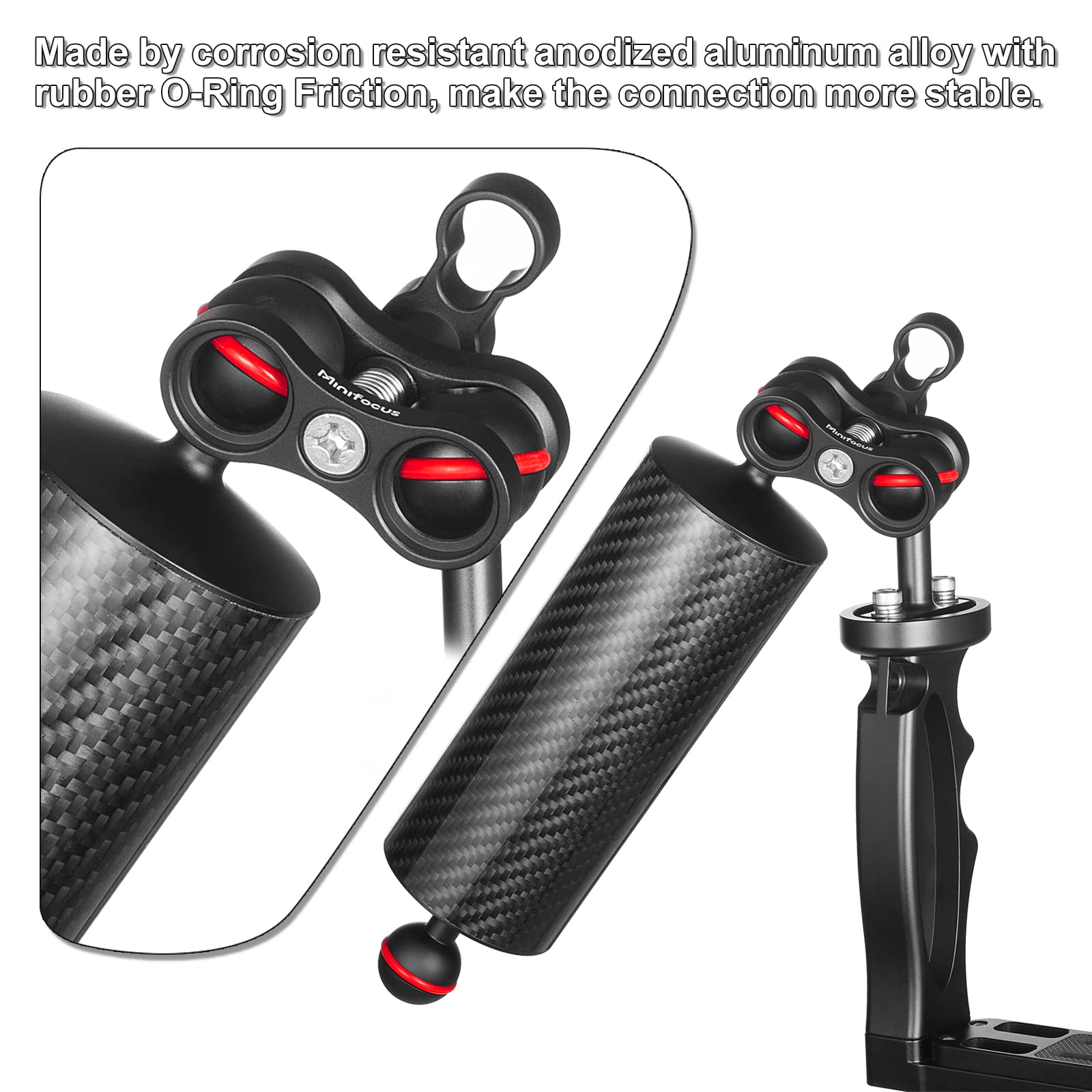Minifocus 2Pcs Carbon Fiber Underwater Float Arm, D60Mm, 8'', Aquatic Arm, Buoyancy Provided 300G*2, Dual 1'' Ball Buoyancy Floa