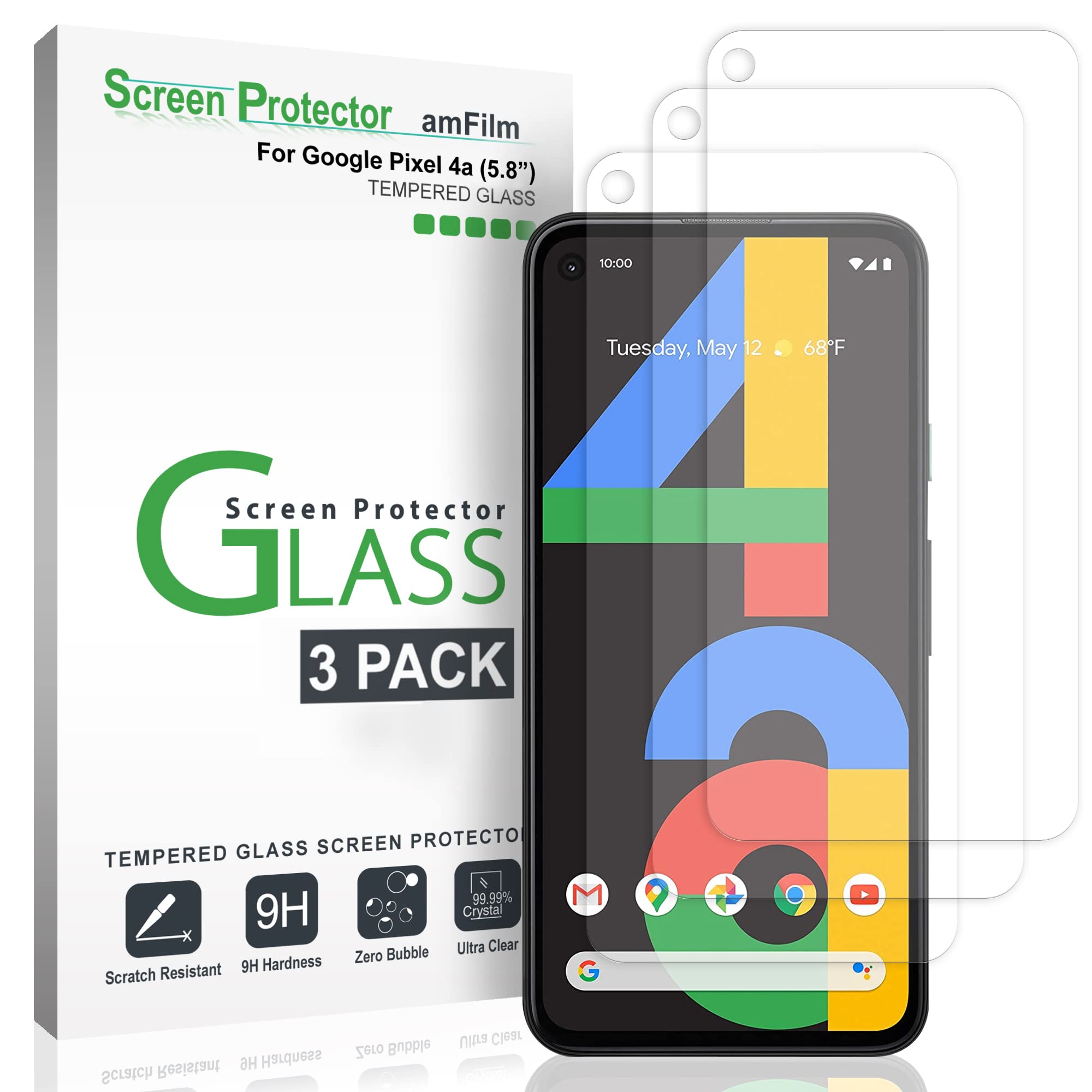 amFilm (3 Pack) 5.8 inch Tempered Glass Screen Protector for Google Pixel 4A, 0.26mm Thickness HD Clear, Anti-Scratch Bubbles-Fr