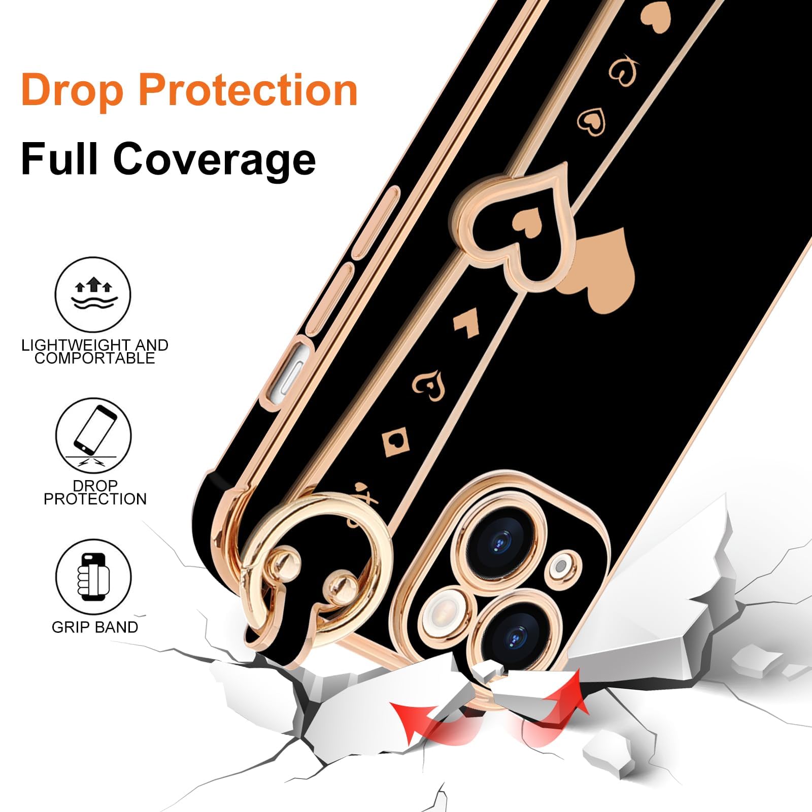 Llz.Coque For Iphone 13 Case Cute Love Heart Plating Strap Phone Cover For Women Girlss Bling Soft Silicone Camera Lens Protecti