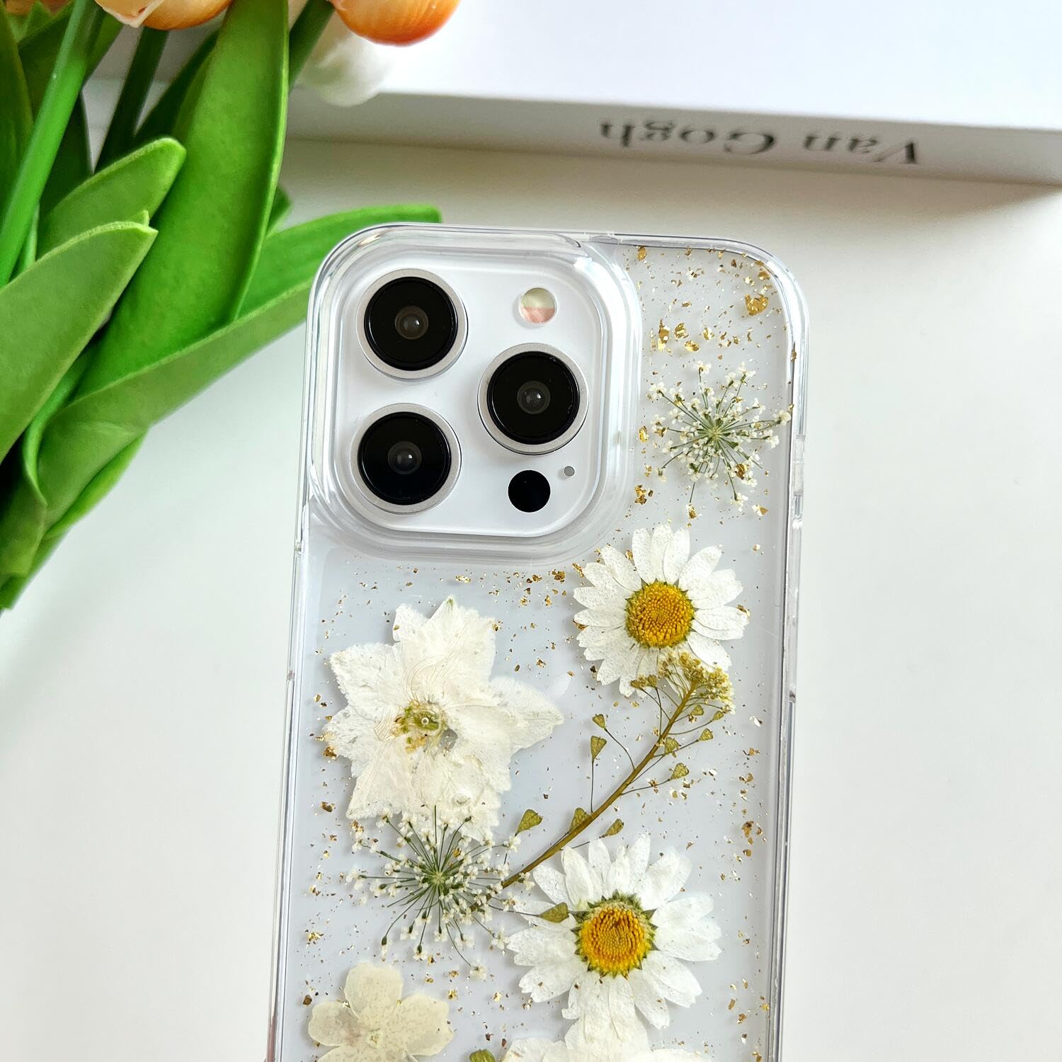 Lseeka For Iphone 15 Pro Clear Case With Pressed Real Flowers Design,Glitter Cute White Floral Pattern Slim Soft Tpu Protective