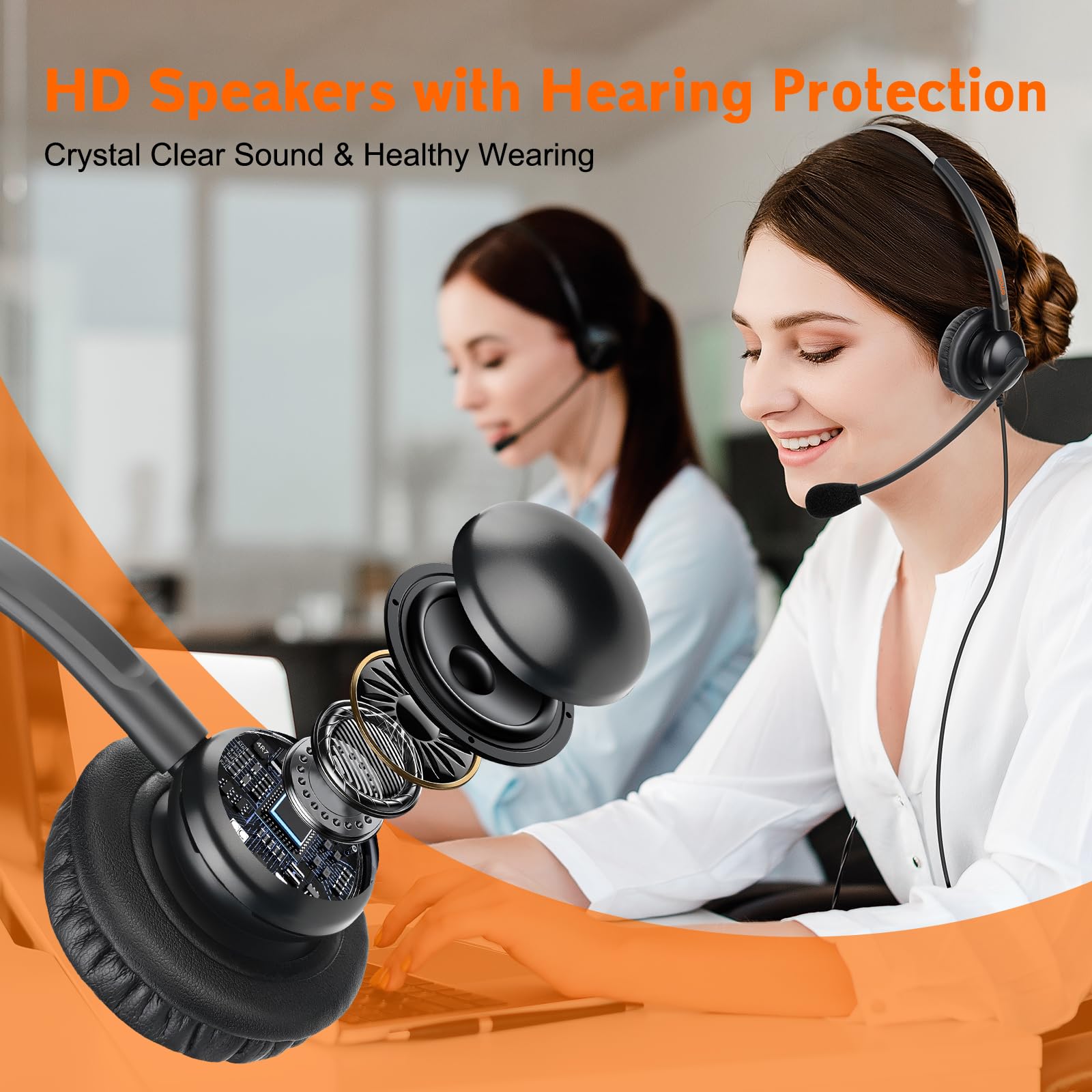 Corded Telephone Headset With Noise Cancelling Mic, Call Center Office Headset With U10P Bottom Cable Rj9 Plug Works For Polycom