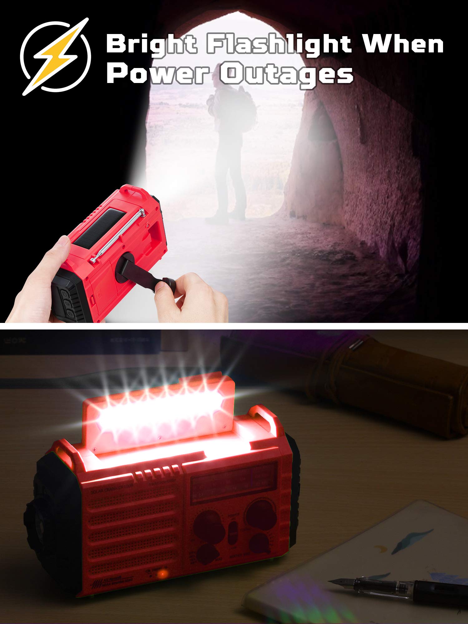 5000Mah Weather Alert Radio, Am/Fm/Sw/Noaa Radio, Solar Hand Crank Portable Survival Emergency Radio,Rechargeable Battery Power