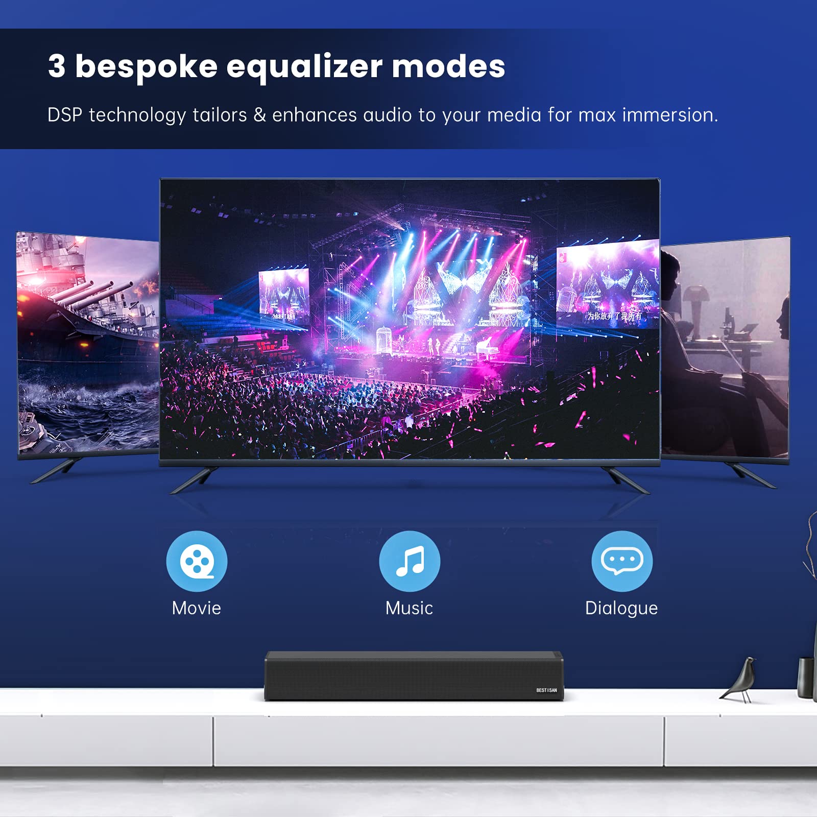 Sound Bar, Bestisan 50 Watts Soundbar With Hdmi, Optical, Coaxial, Aux, Usb And Bluetooth Connection, Dsp, Bass Adjustable, 16 I