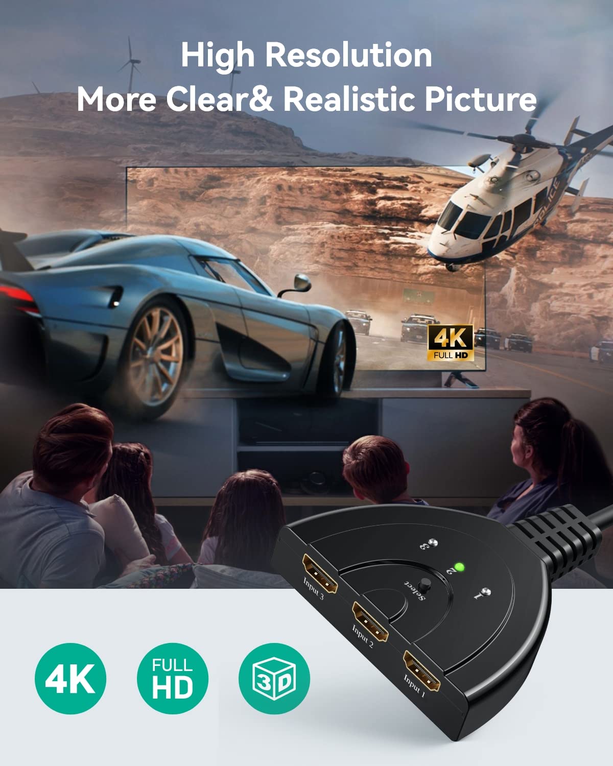 Hdmi Switch 4K, Vilcome 3 Port Hdmi Switcher 3X1 Hdmi Splitter Hub 3 In 1 Out With Pigtail Cable Supports 4K 3D Hd 1080P For Xbo