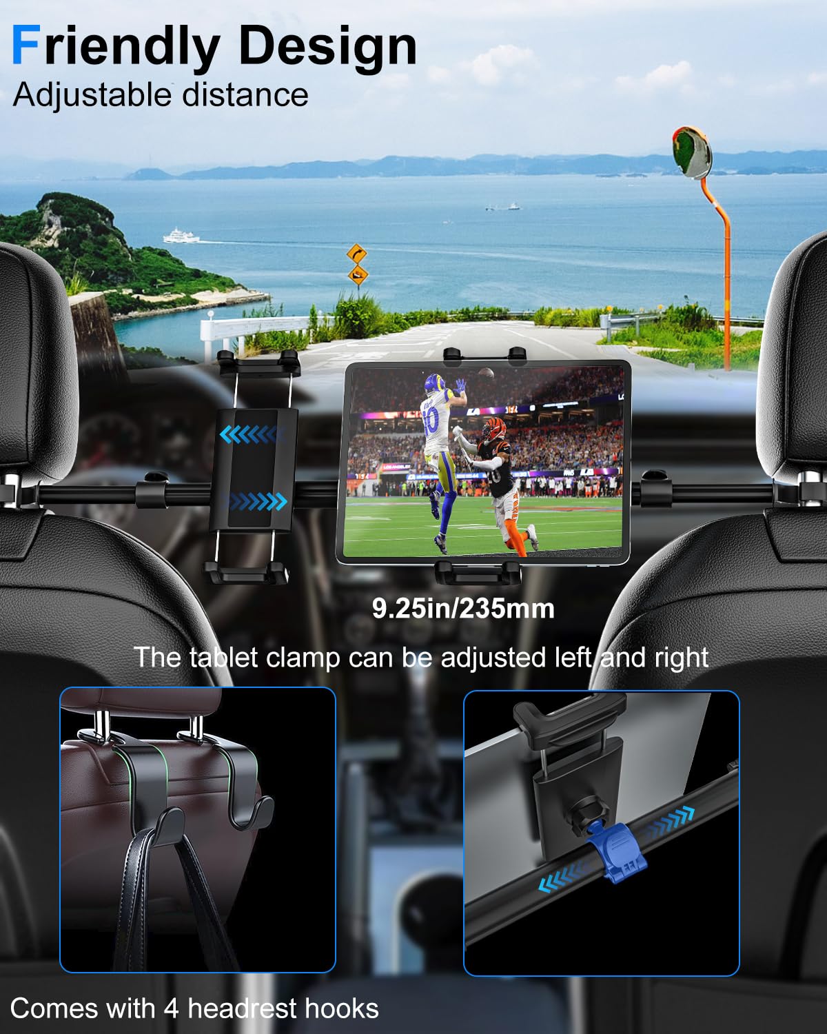 Kolasels Tablet Holder For Car Headrest With 4 Headrest Hooks, Car Tablet Mount Back Seat For Kids Fit 4 13' Tablets & Phones, Ipad Car Holder Back Seat For Ipad Pro 12.9, Air, Mini, Galaxy, Fire