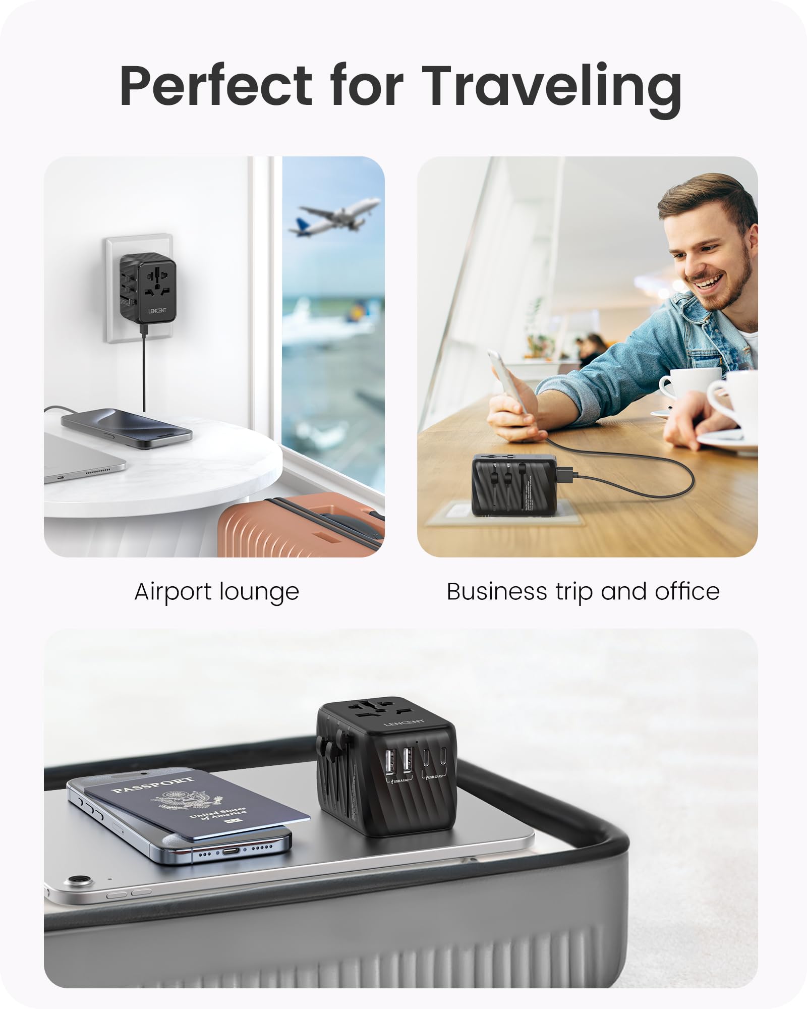 Lencent Universal Travel Power Adapter, International Ac Plug Adaptor With 5.6A 3 Usb C 2 Usb A Ports Wall Charger Worldwide Tra