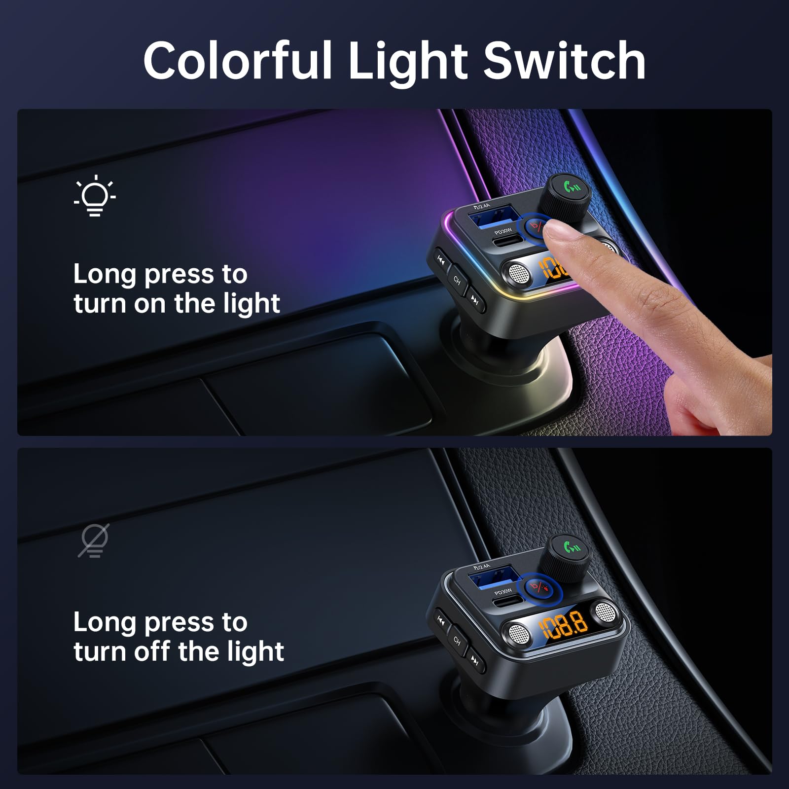 Syncwire Bluetooth 5.4 Fm Transmitter Car Adapter 42W [Light Switch] [Stronger Dual Mic] [Hifi Bass Sound] [Fast Charging] Wirel