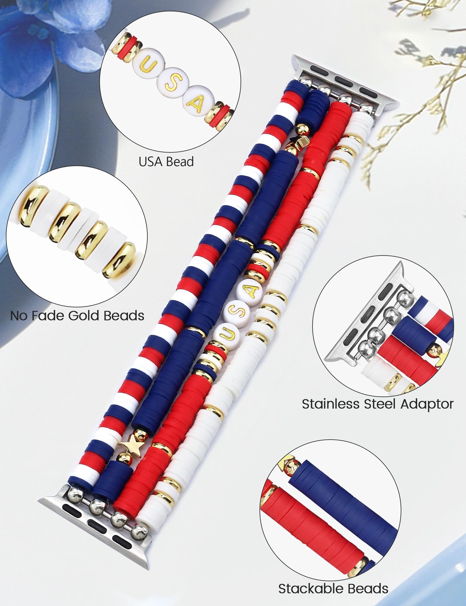 Jr.Dm Beaded Bracelet Compatible With Apple Watch 40Mm 38Mm 41Mm 42Mm For Women, Us America Flag Cute Preppy Handmade Elastic Wa