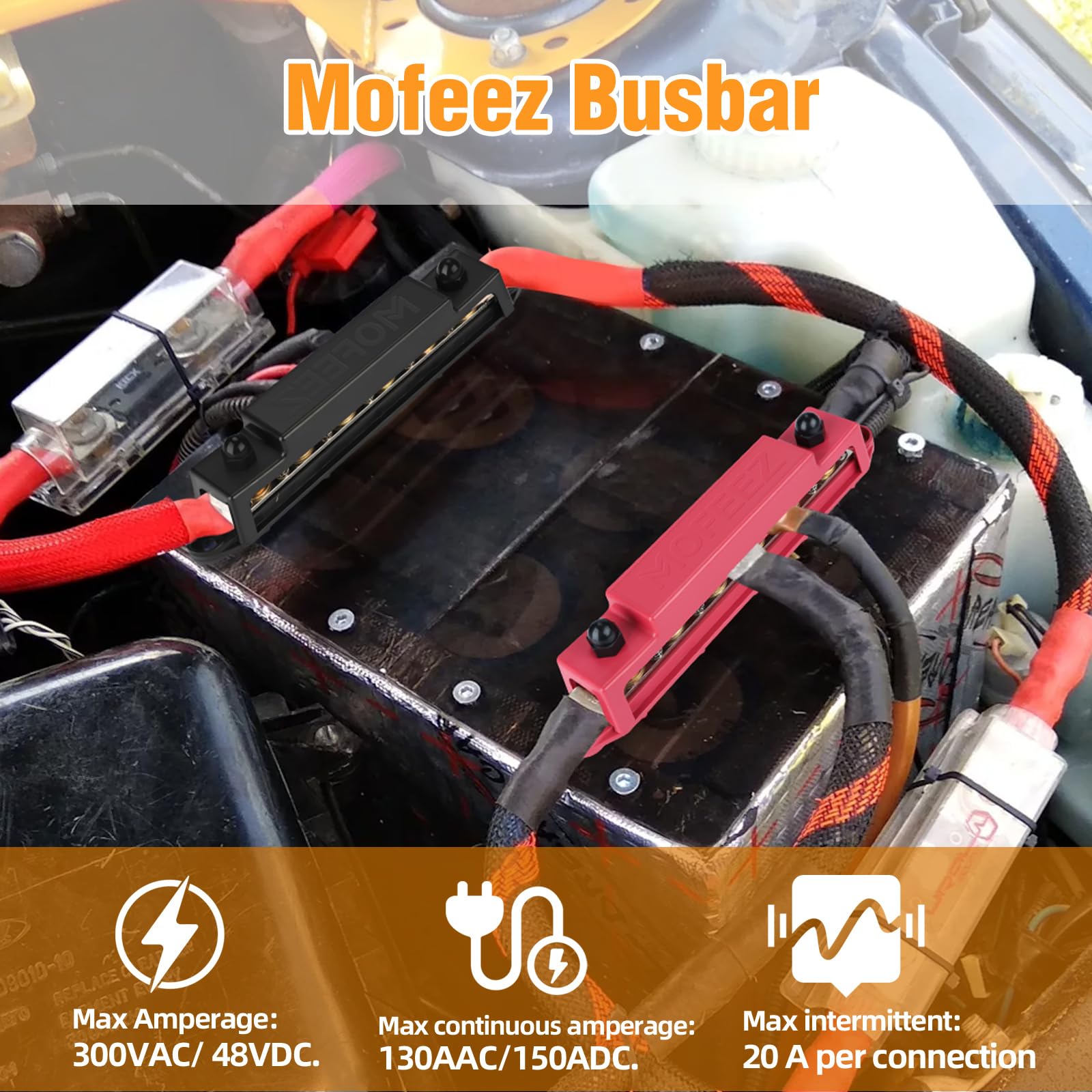 Mofeez Power Distribution Block Bus Bar, 6 X 3/8' Posts, 10 X #8 Screws Terminals, Max 48V 250A (Pair, Red & Black)