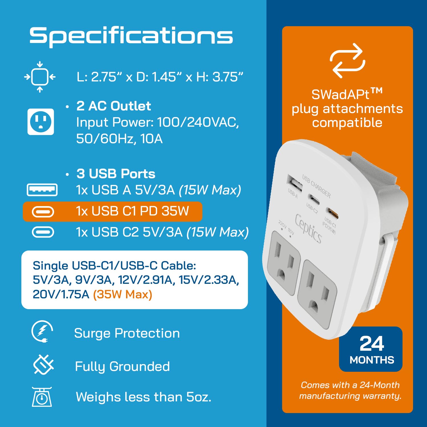 Ceptics Universal Travel Adapter Kit - 2 Usb, Usb-C Cord+2 Us Outlets Qc 3.0, Surge Protection, Plugs For Europe, Uk, China, Aus