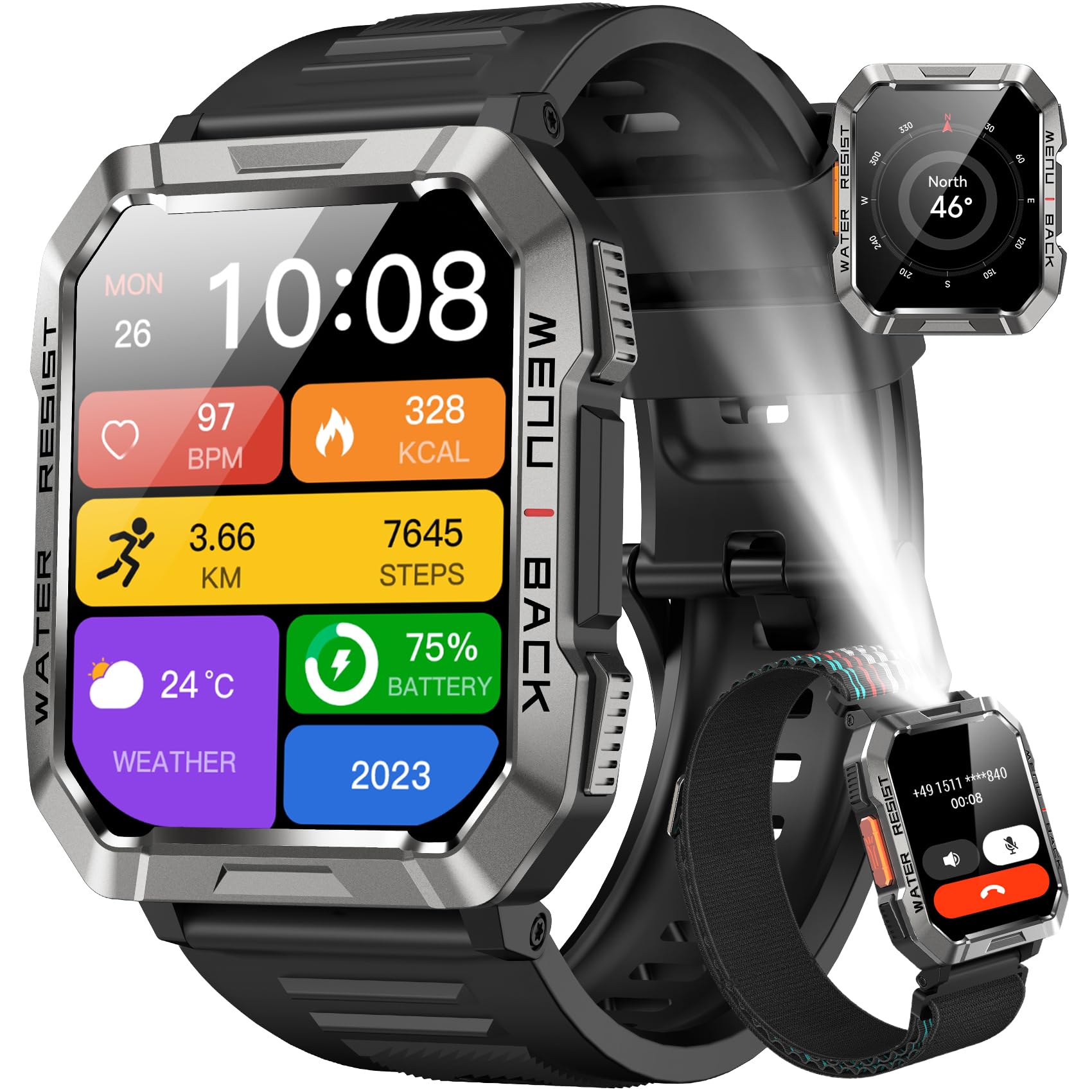 Military Smart Watch For Men(Answer/Make Call), Outdoor Sports Smartwatch With Flashlight/100 Days Battery/Compass/Heart Rate/Sp