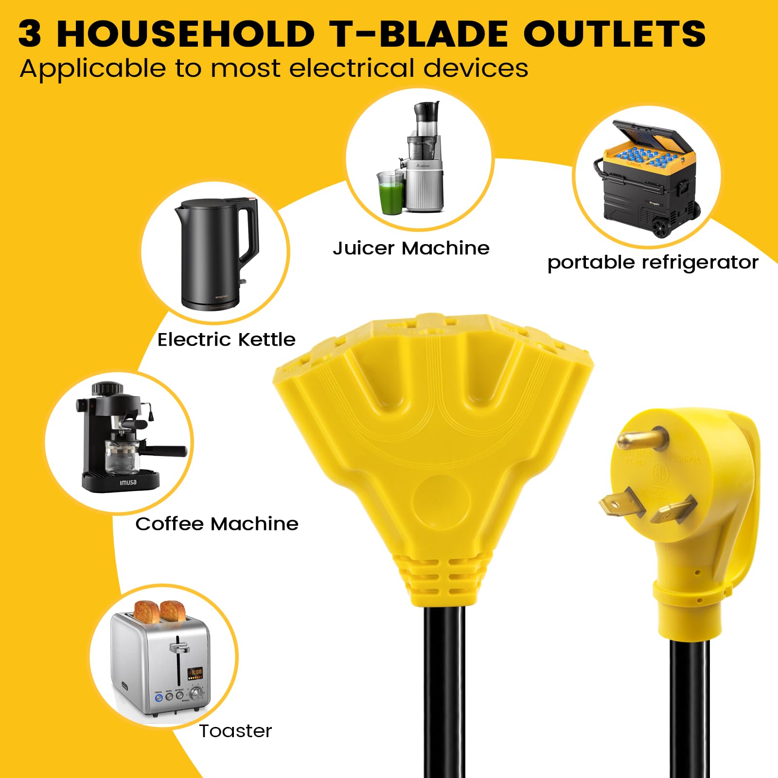 Kangikx 30 Amp To 110V 20 Amp Rv Distribution Adapter,Nema Tt 30P Male To 3X5 15/20R Female Rv Generator Adapter Cord,30 To 20Am