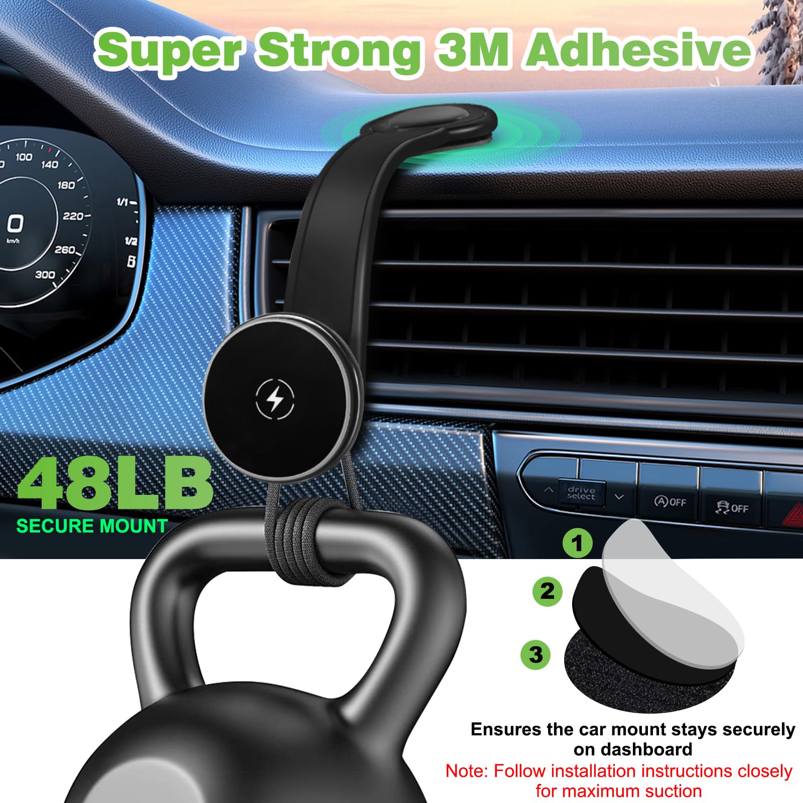 Upgraded Magnetic Wireless Car Charger, 15W Fast Charging For Magsafe Car Mount Charger With 360 Adjustable Arm, Relocatable Cel