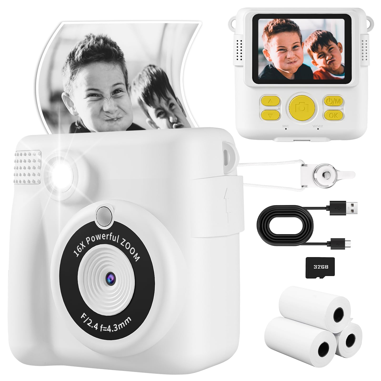 Instant Print Camera, Kids Camera 1080P Hd Digital Camera With 32G Sd Card, 3 Rolls Photo Paper & 6 Color Pencils For Age 6 12 B