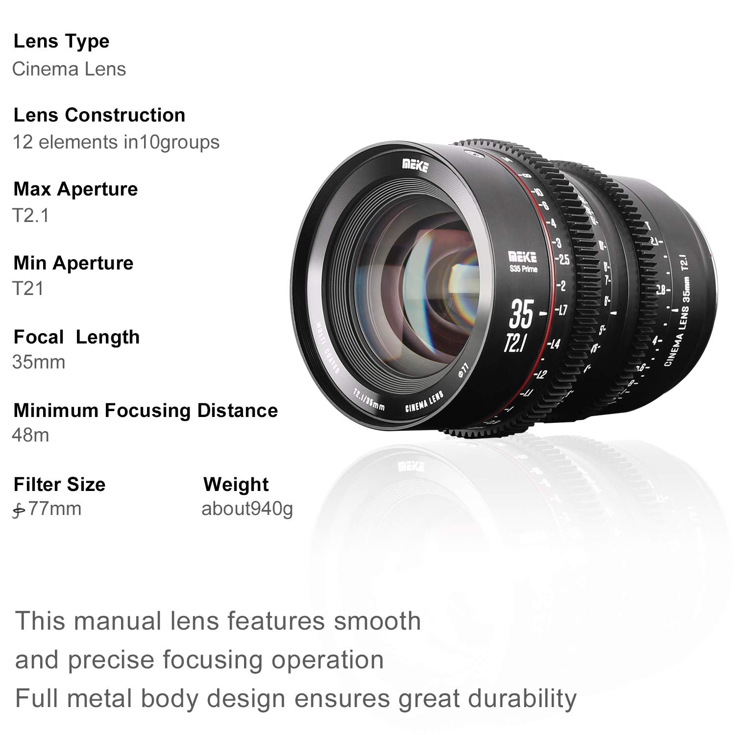 Meike 35Mm T2.1 S35 Manual Focus Wide Angle Prime Cinema Lens For Canon Ef Mount And Cine Camcorder Eos C100 Mark Ii, Eos C200,