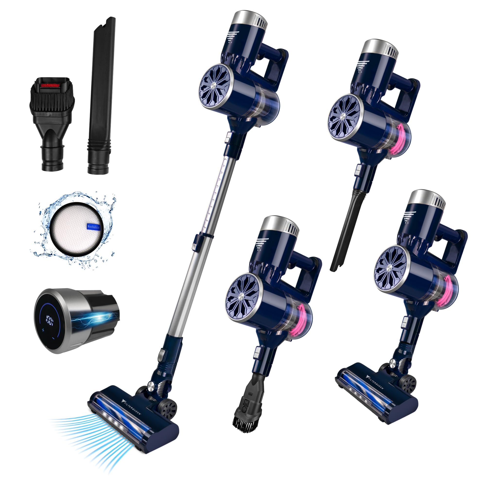 Filter Queen Cordless Vacuum Cleaner, 6 In 1 Stick Vac With Powerful Suction, Touch Screen Led Controls, Detachable Battery, For