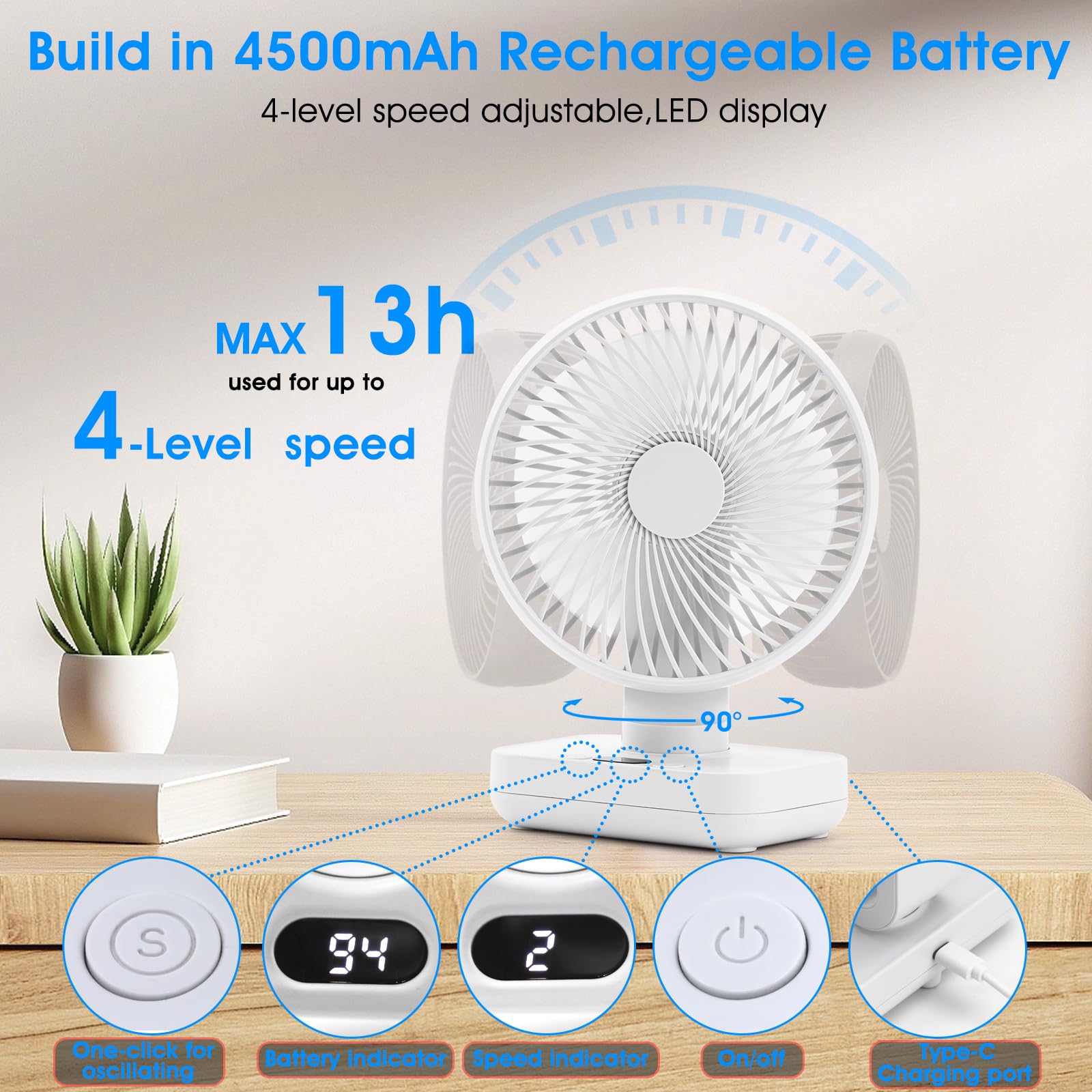 Digibond Table Fan Oscillating Small Oscillating Fan For Bedroom Ultra Quiet Desk Fan 90 Vertical Rotated 4 Speeds Cordless Pers