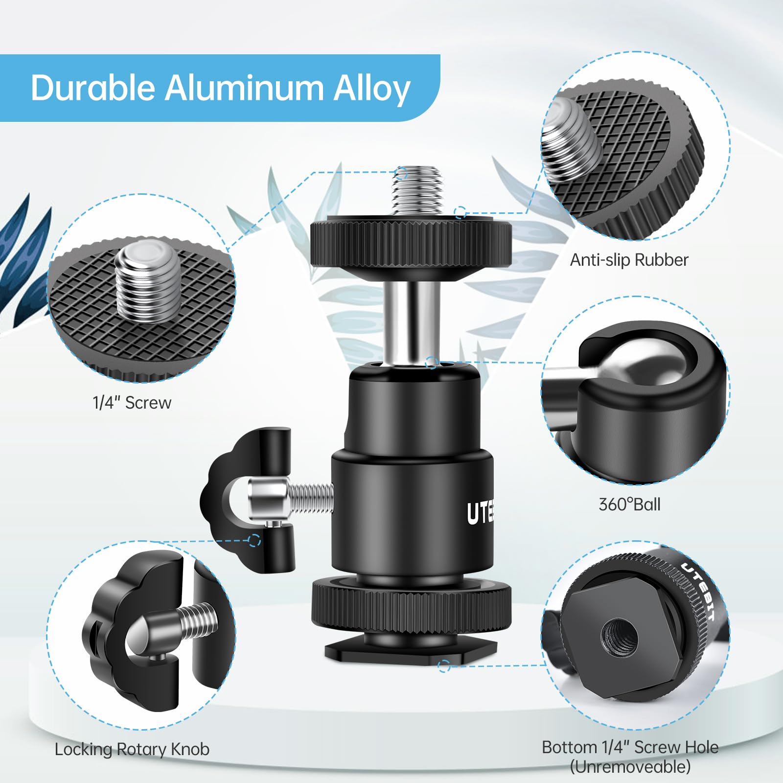 12Mm Tripod Ball Head, Utebit 360� Rotatable Metal Mini Ball Head With 1/4' Hot Shoe, Ballheads Camera Mount Adapter For Sport Camera, Pocket Light, Microphone, Loading 1.1Lb(2 Pack)