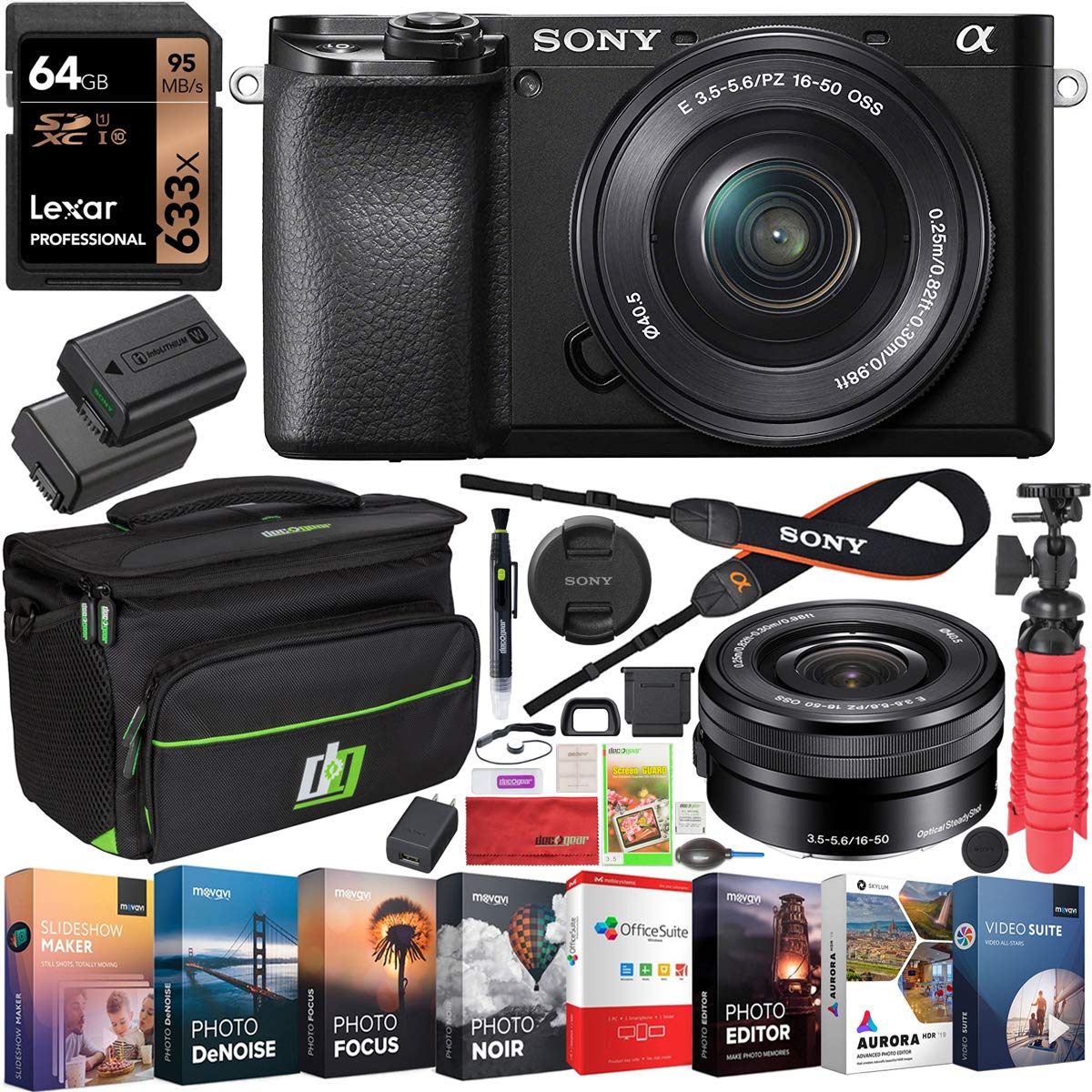 Sony a6100 Mirrorless Camera 4K APS-C ILCE-6100LB with 16-50mm F3.5-5.6 OSS Lens Bundle with 2X Battery + Deco Gear Travel Bag C
