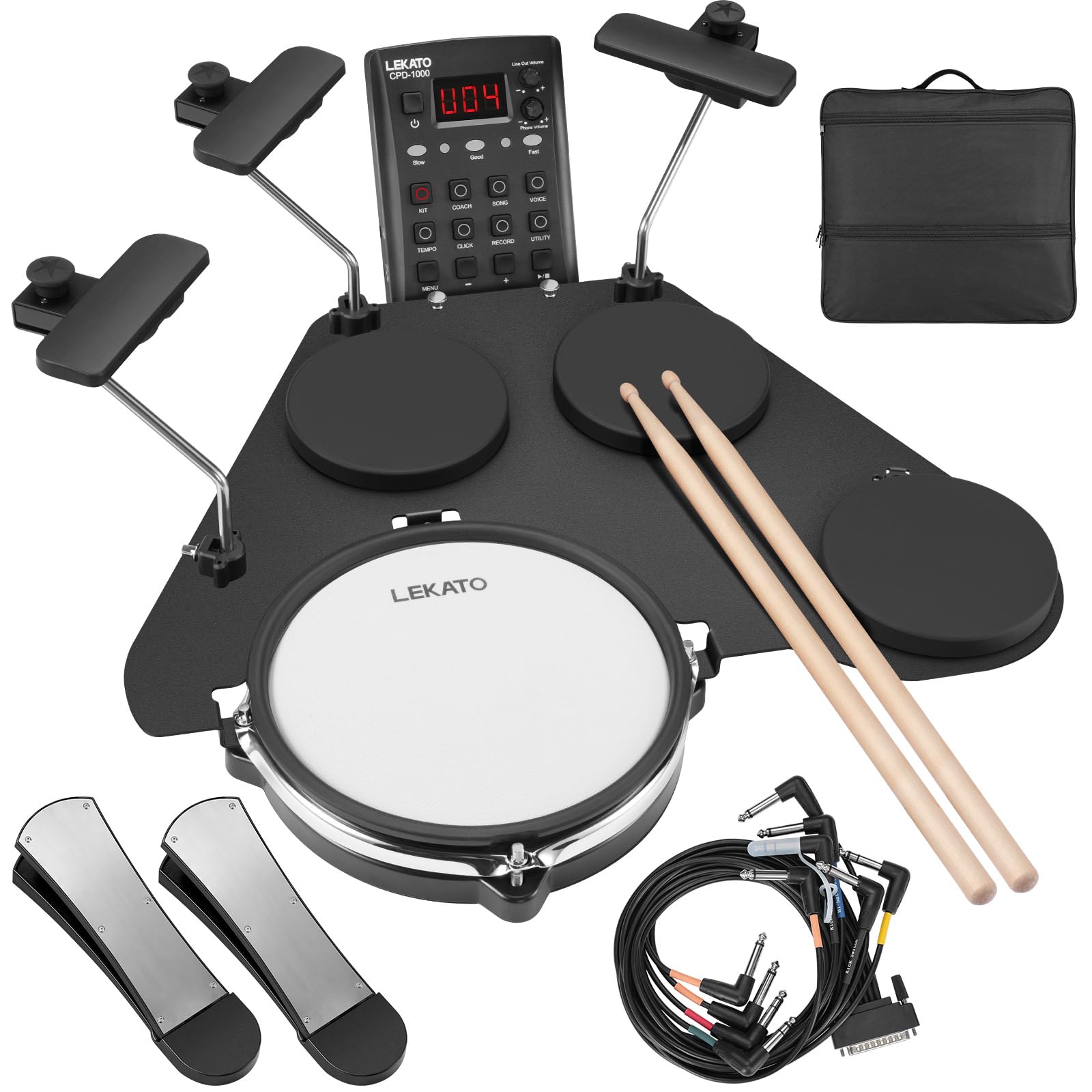 LEKATO CPD-1000 Electronic Drum Set with Quiet Mesh Pads, Portable Electric Drum Set, 220+ Sounds, USB MIDI, 2 Robust Footswitch