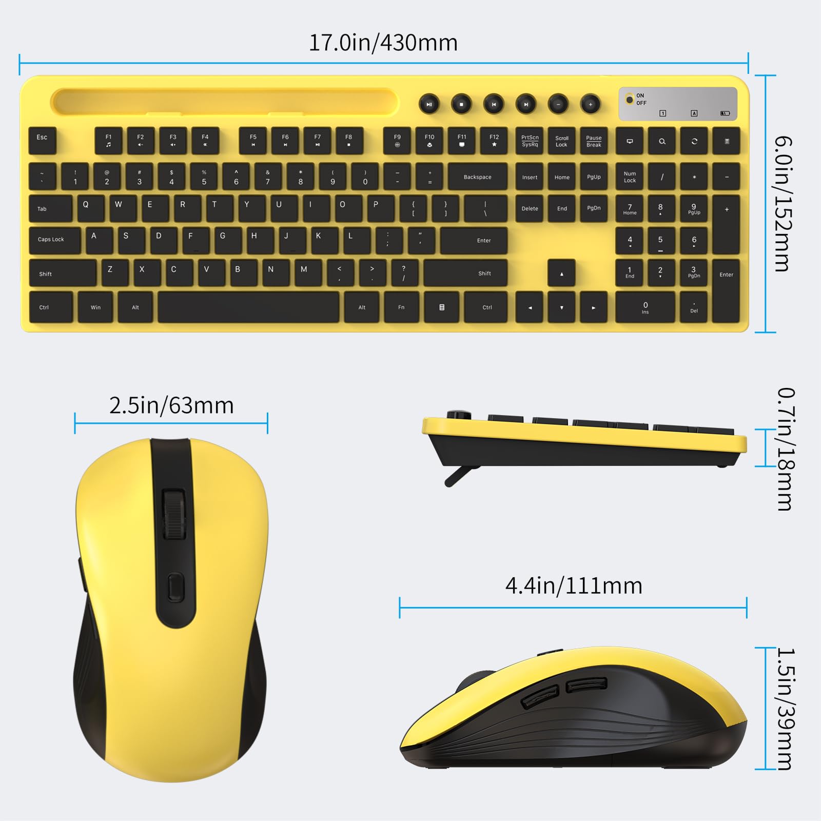 Wireless Keyboard And Mouse Combo, Marvo 2.4G Ergonomic Wireless Computer Keyboard With Phone Tablet Holder, Silent Mouse With 6 Button, Compatible With Macbook, Windows (Yellow)