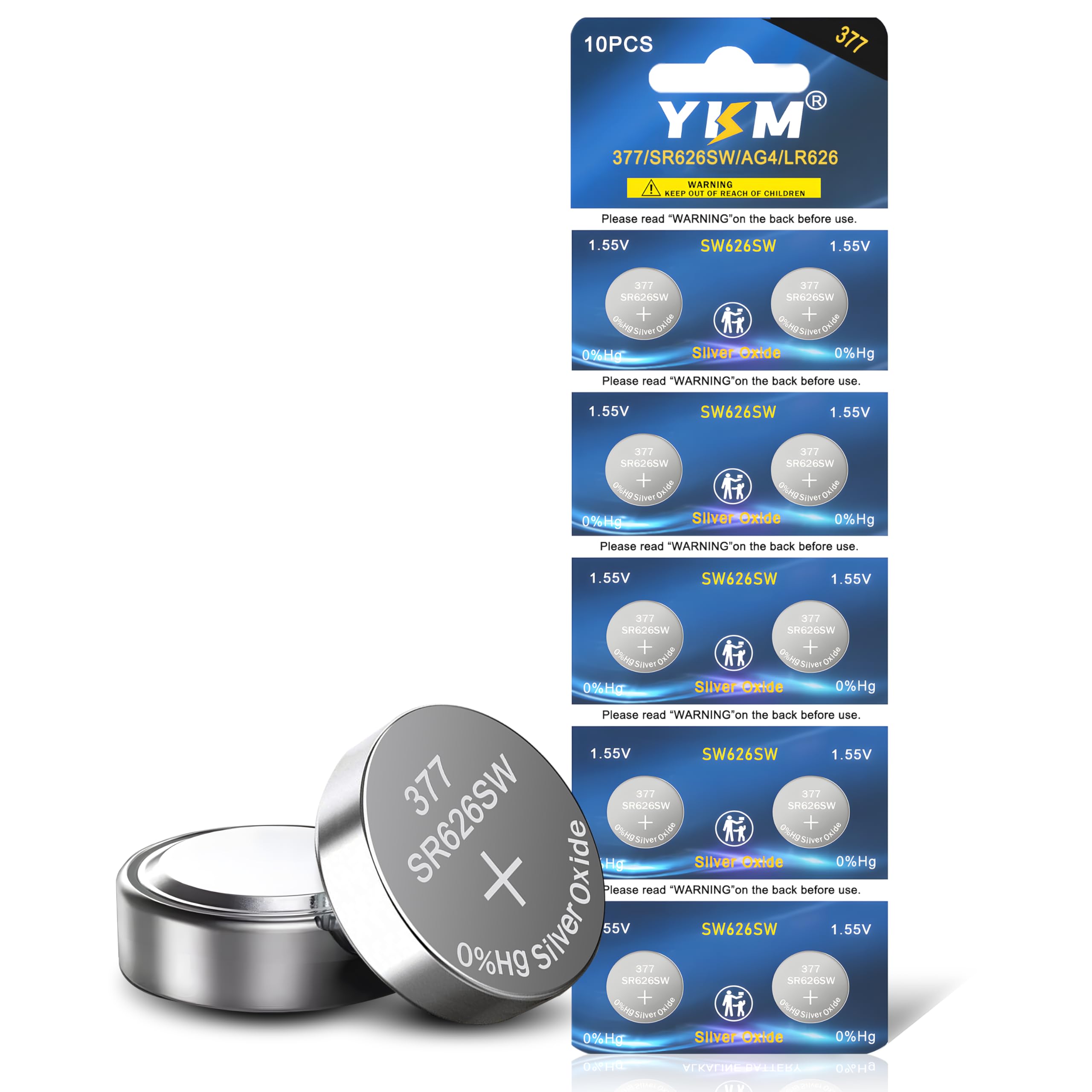 YKM 377 SR626SW Watch Battery LR626 377/376 V377 377a AG4 1.55V Silver Oxide Button Batteries 10 Pack