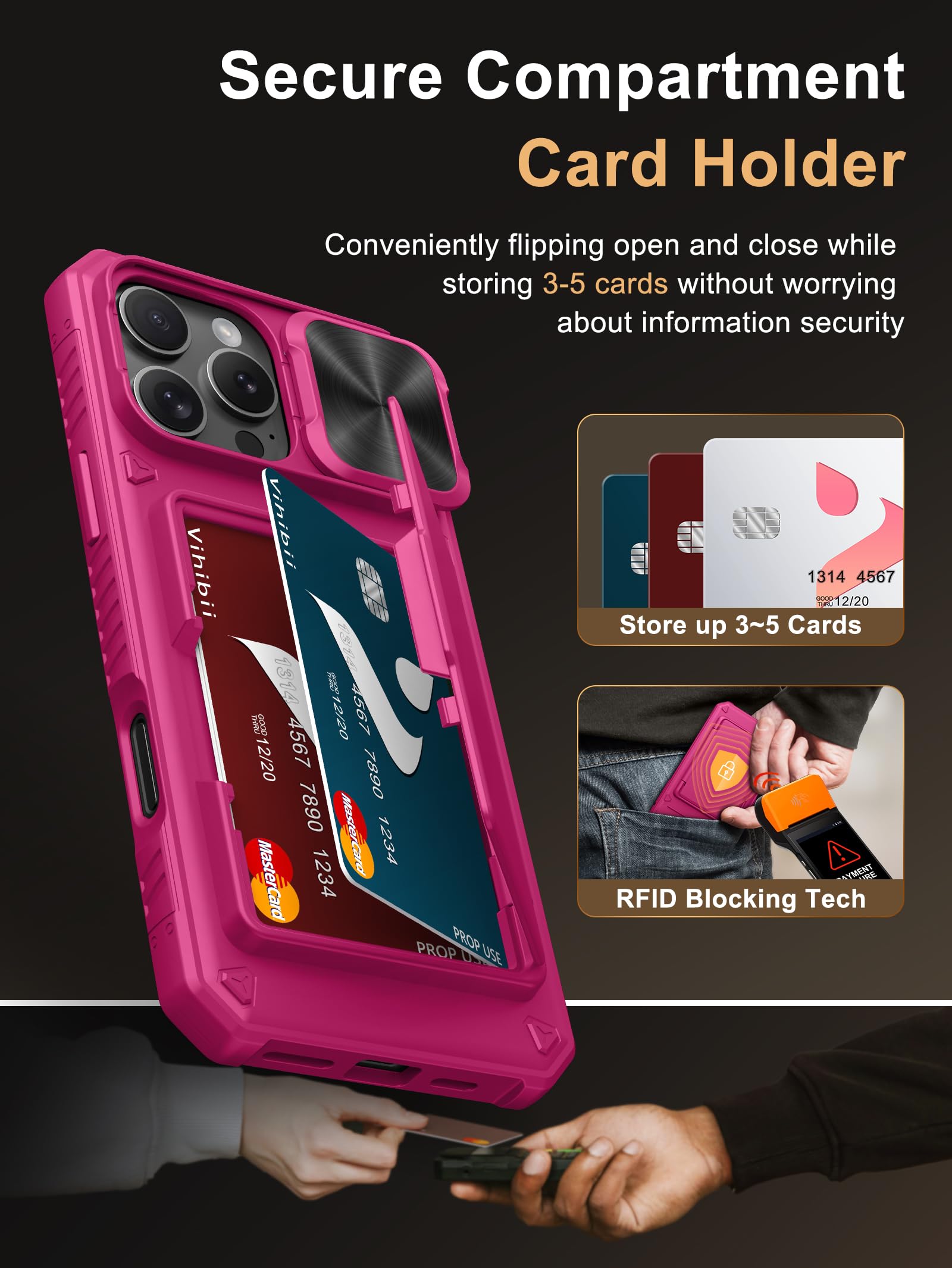 Vihibii For Iphone 16 Pro Max Case Wallet With Card Holder (4 Cards) [Rfid Blocking] & Slide Camera Cover & Raised Edges Protect