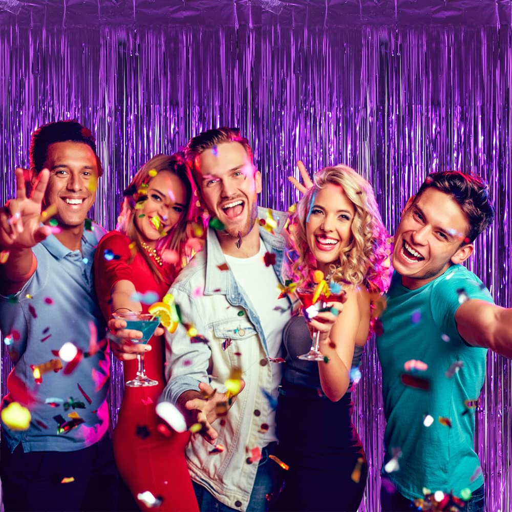 Purple Backdrop Curtains For Party Decorations   6.5X8.2 Ft, Pack Of 2 | Lilf Non Marking Tape Foil Fringe Curtain Streamers Tin
