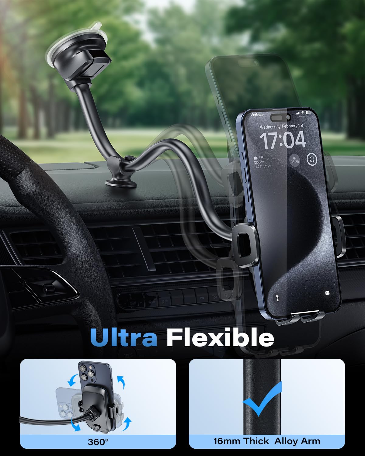 1Zero Solid Car Truck Phone Mount Holder With 14-Inch Gooseneck Long Arm, Windshield Window Mobile Holders W/Industrial-Strength