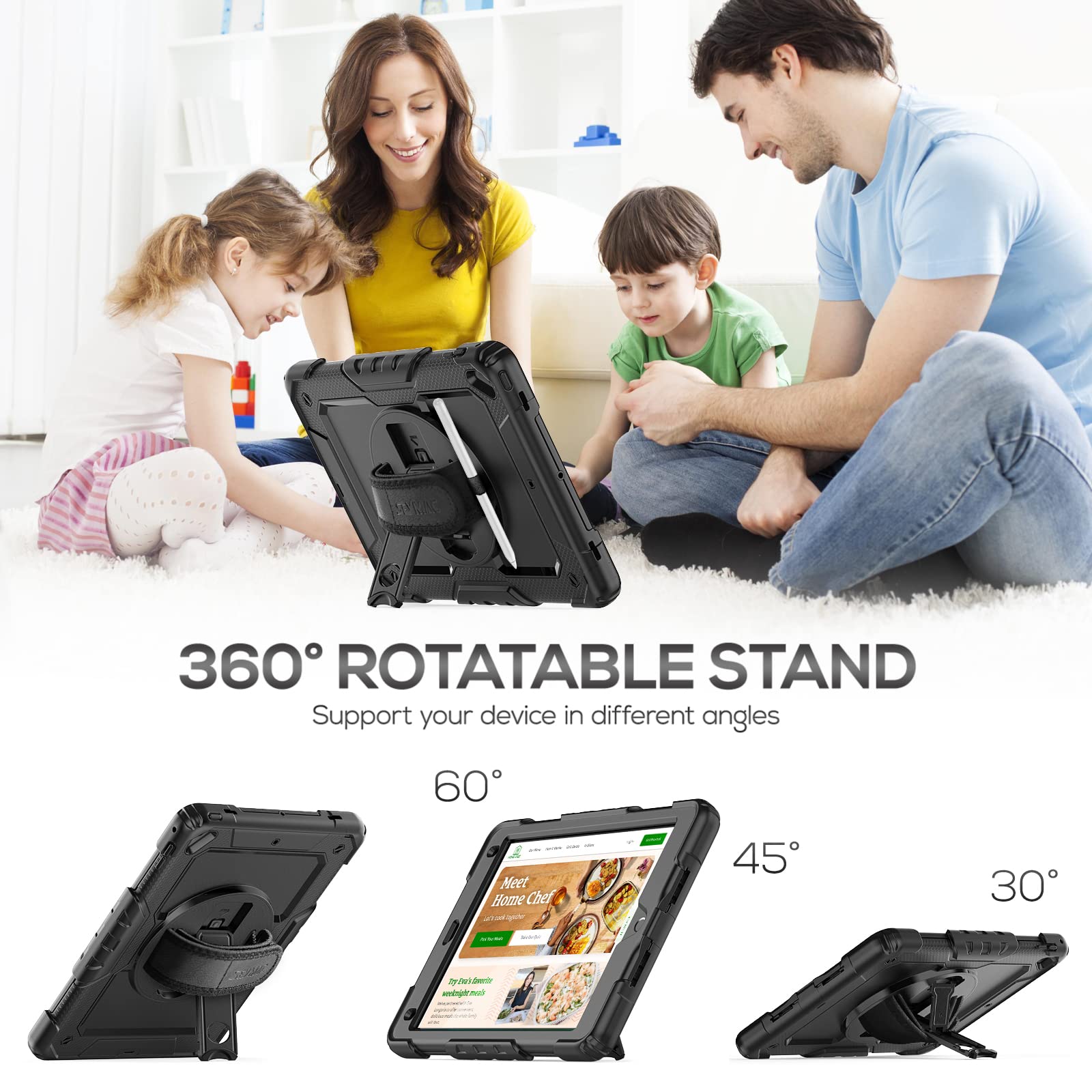 Seymac Case For Ipad 6Th/5Th Generation Case 9.7 Inch, Full Body Shockproof Heavy Duty Protective Case With Screen Protector, Rotating Stand/Hand/Shoulder Strap For Ipad Air 2/ Pro 9.7, Black