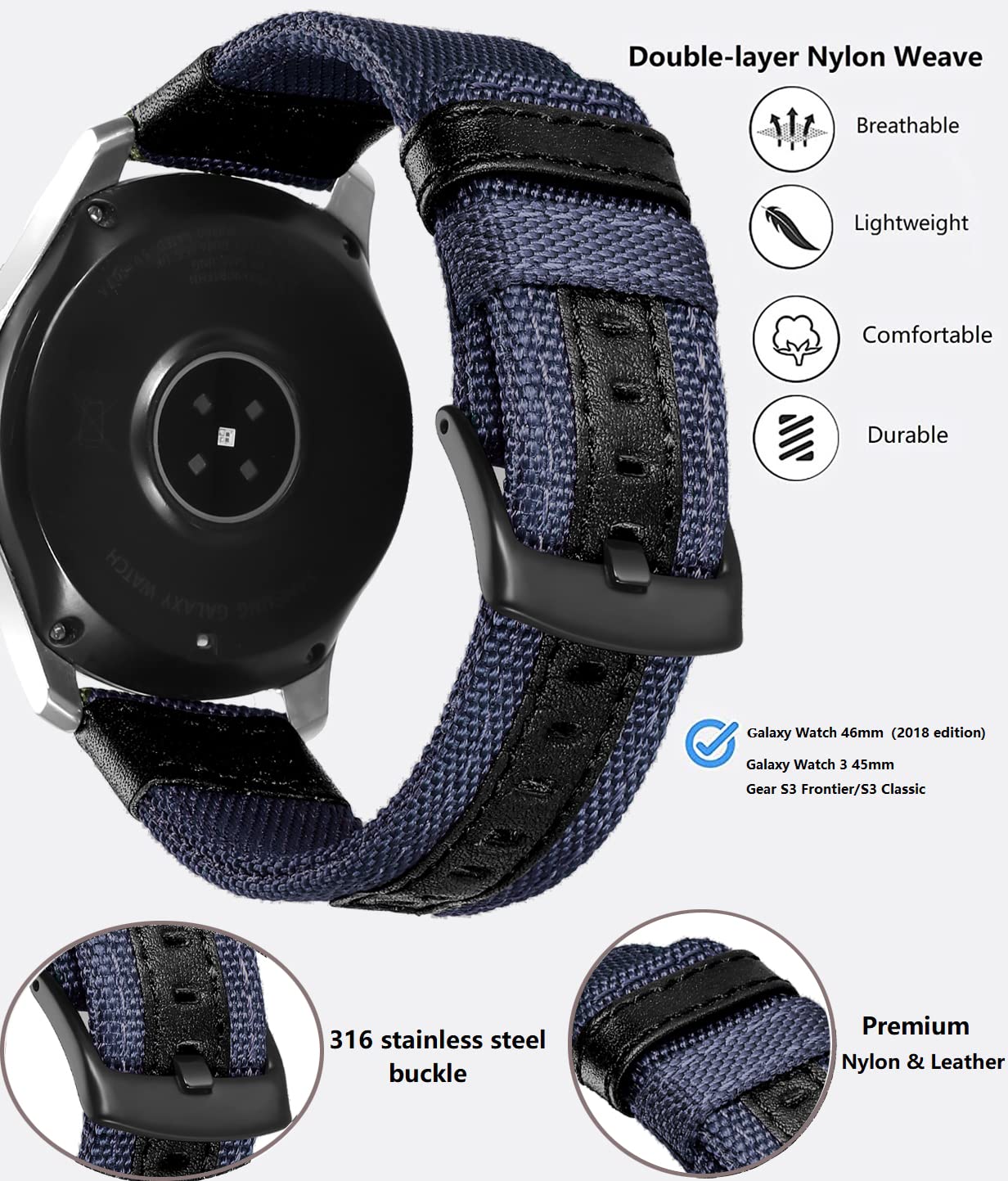 Olytop Galaxy Watch 46Mm Bands, Galaxy Watch 3 45Mm Band, Gear S3 Frontier Bands, 22Mm Nylon Sports Replacement Strap Wristband