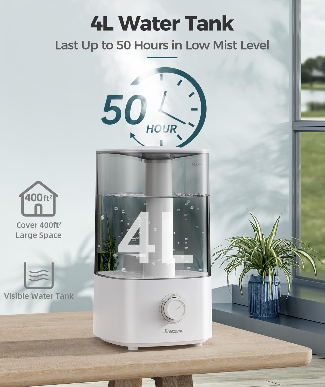 Breezome 4L Humidifiers For Bedroom, Essential Oil Diffuser, Top Fill Cool Mist Ultrasonic Humidifiers For Baby, Plants, Nursery