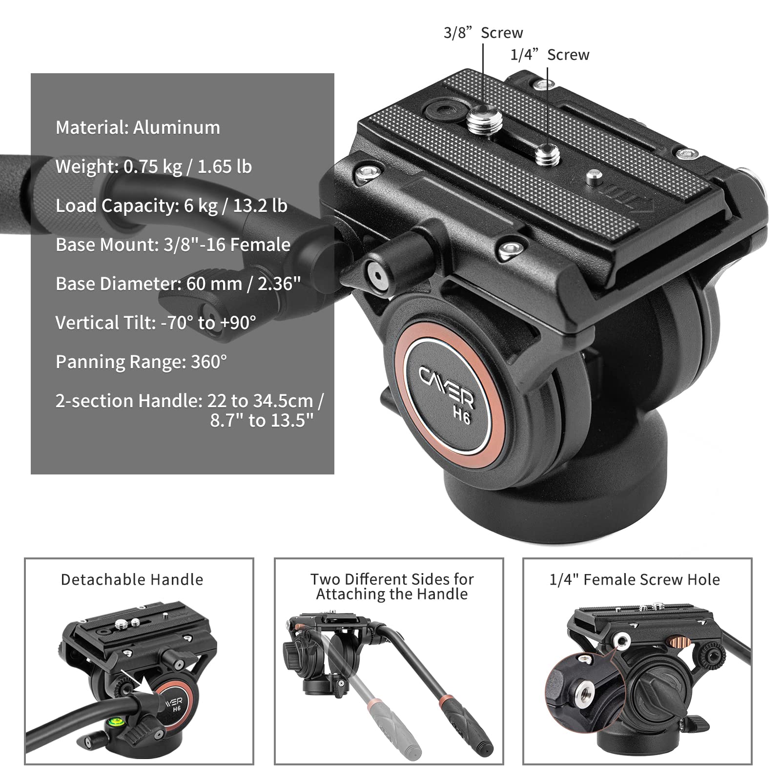 Cayer CF2451 Carbon Fiber Tripod Kit - 75" Video Tripod with Fluid Head, 4-Section Stand, Max Load 13.2lb, Black for DSLR & Camcorder