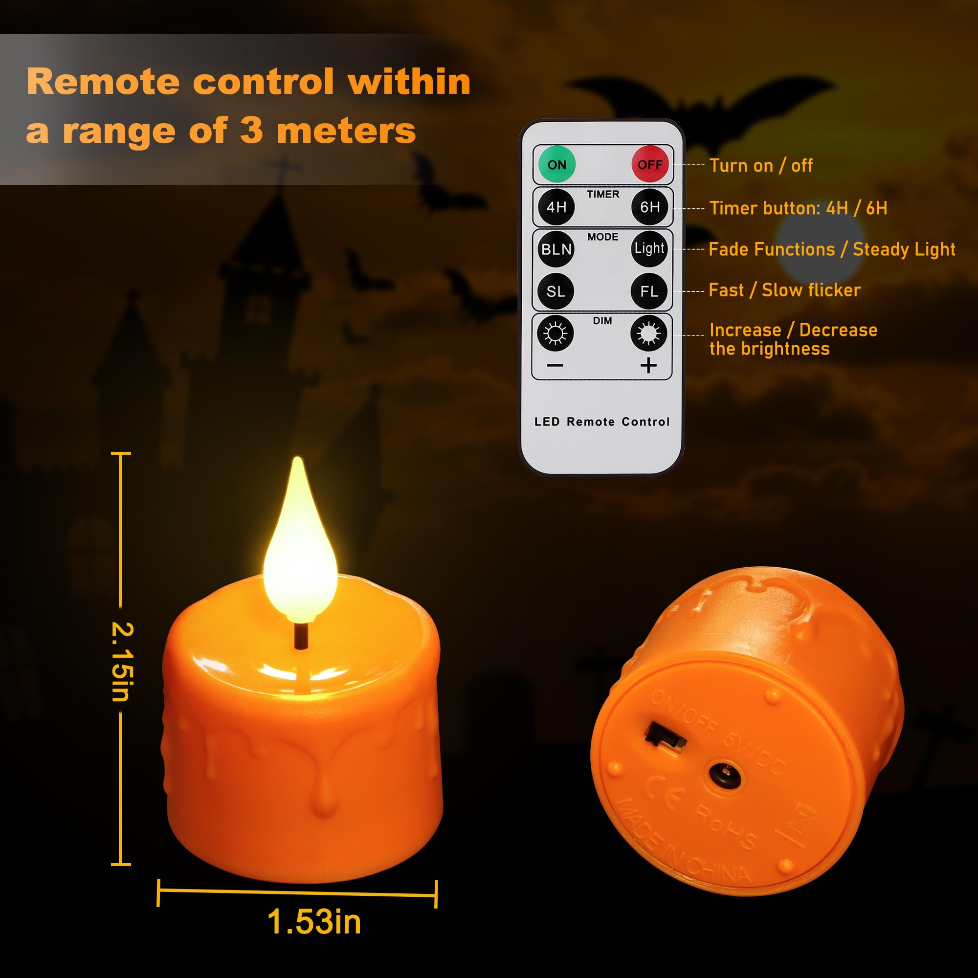 Daord 6 Pcs Halloween Orange Led Tea Light Candles Rechargeable Flickering Flameless Pumpkins Tealights With Remote For Fall Hal