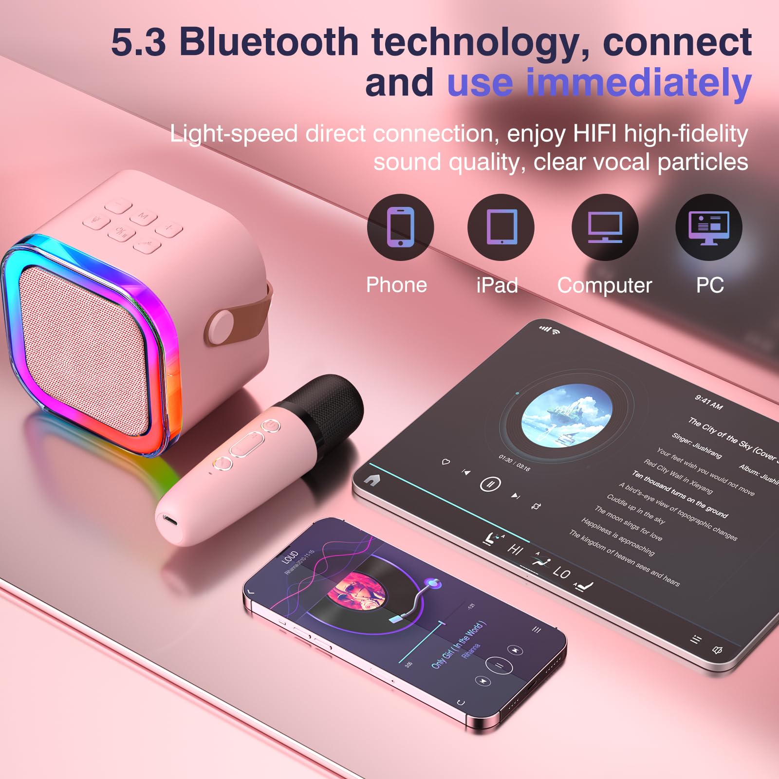 TAEMVV Mini Karaoke Machine for Kids, Portable Wireless Speaker with LED Lights, 2 Microphones, K12 Size, Pink
