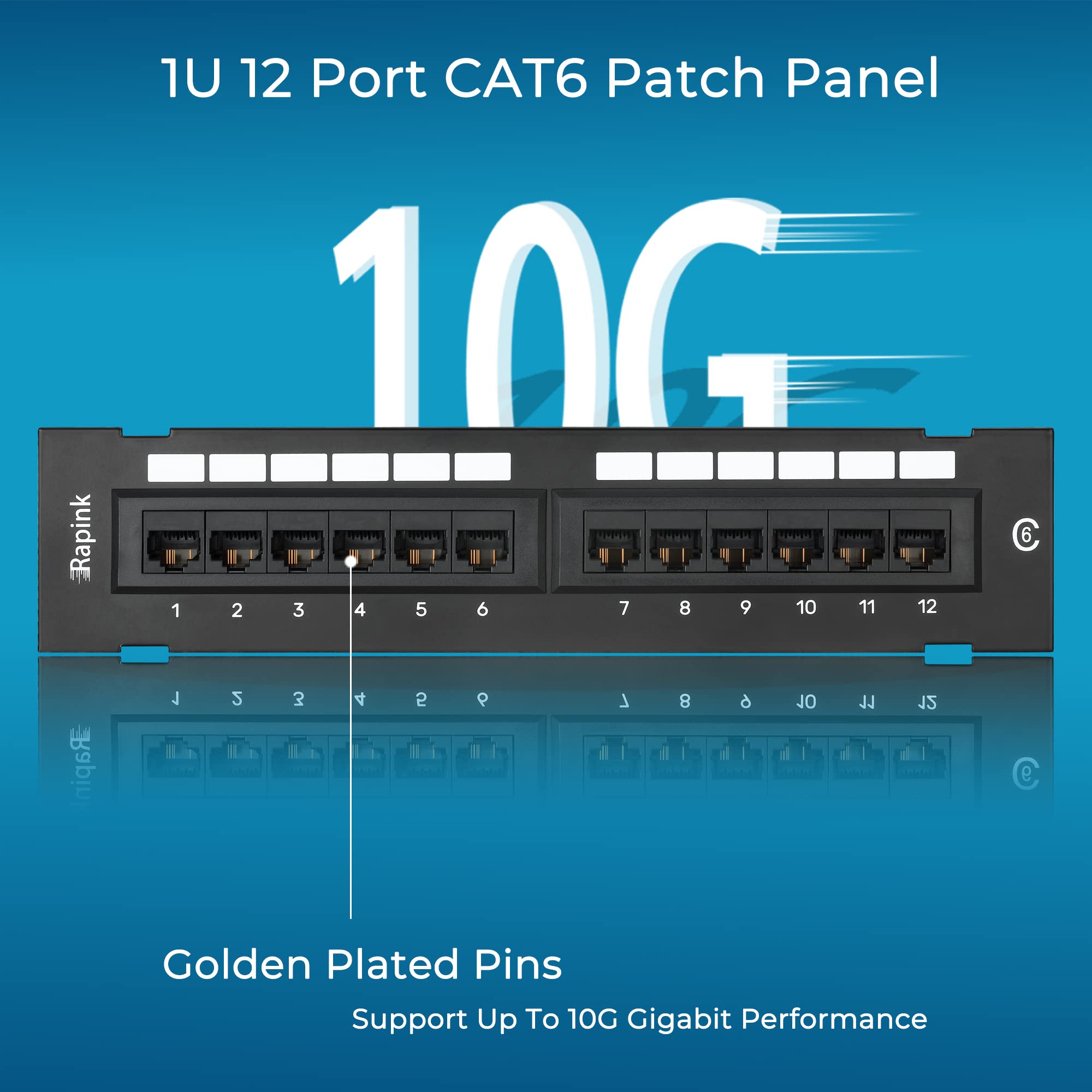 Rapink Patch Panel 12 Port Cat6 10G Support, Network Patch Panel Utp 10 Inch, Wallmount 1U Ethernet Patch Panel Punch Down Block For Cat6, Cat5E, Cat5 Cabling