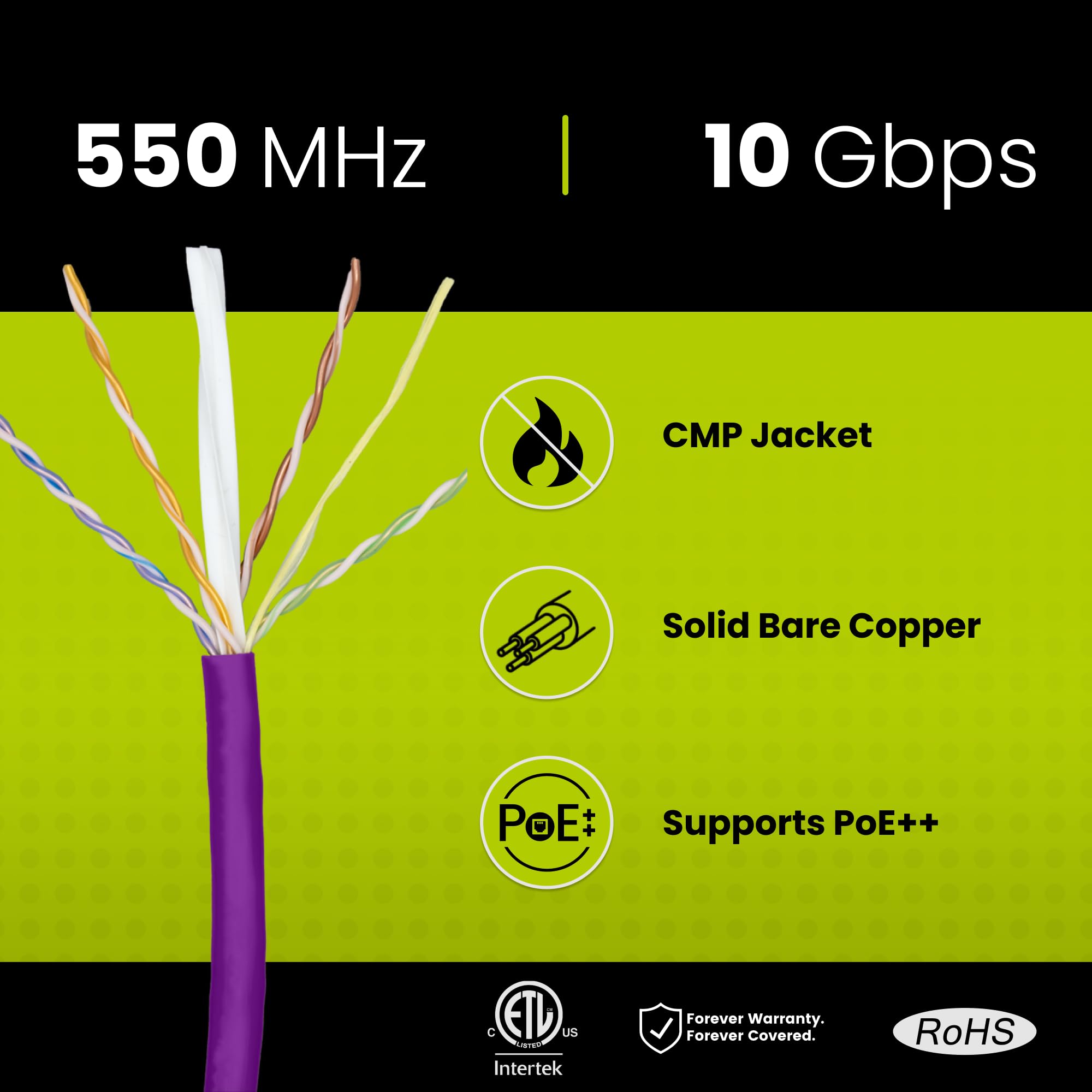 Truecable Cat6 Plenum (Cmp), 1000Ft, Purple, 23Awg 4 Pair Solid Bare Copper, 550Mhz, Poe++ (4Ppoe), Etl Listed, Unshielded Twisted Pair (Utp), Bulk Ethernet Cable